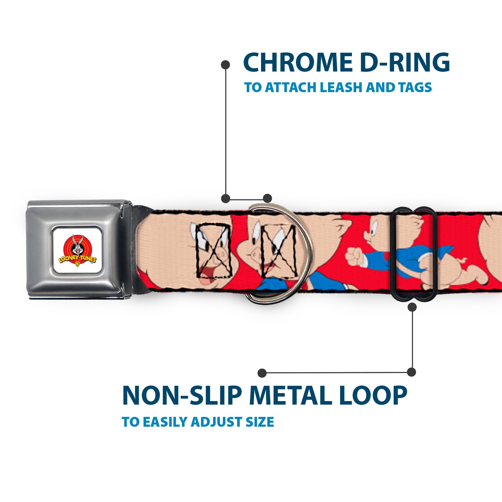 Looney Tunes Logo Full Color White Seatbelt Buckle Collar - Porky Pig Expressions Red