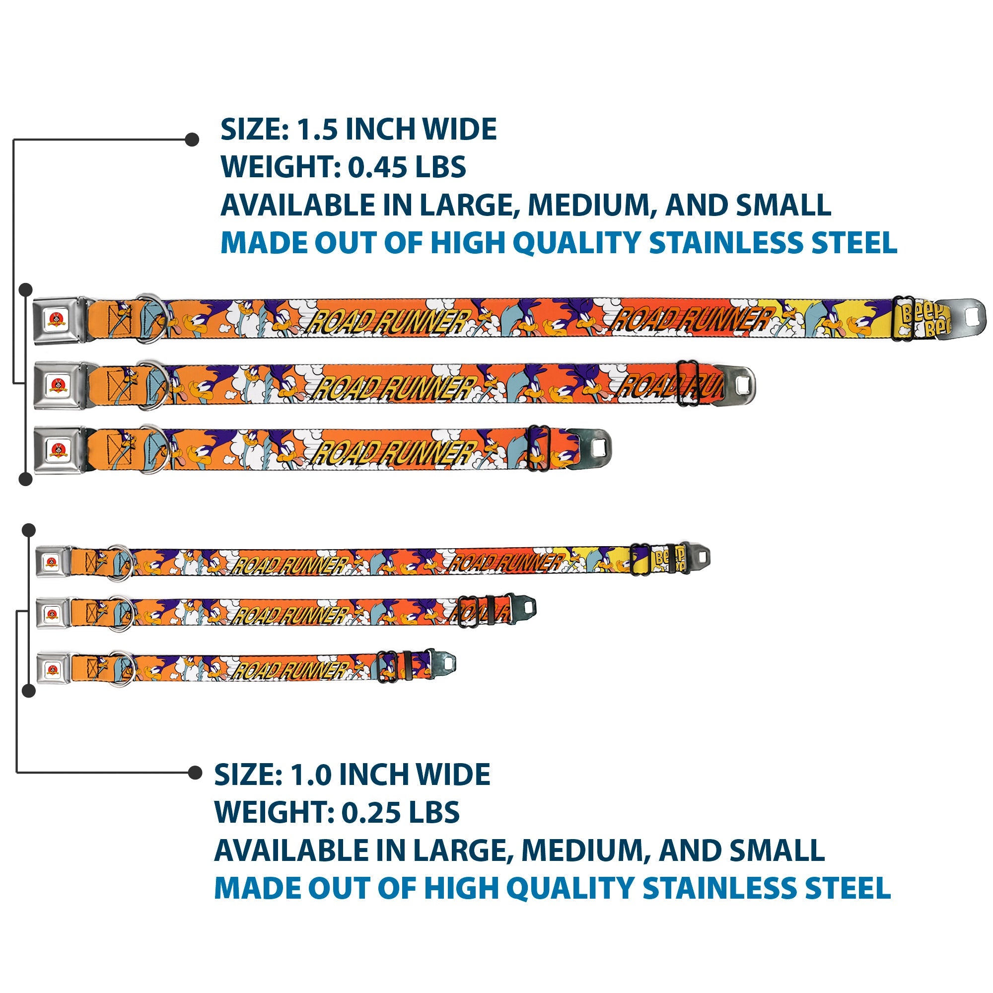 Looney Tunes Logo White Seatbelt Buckle Collar - ROAD RUNNER w/Road Runner Poses Orange