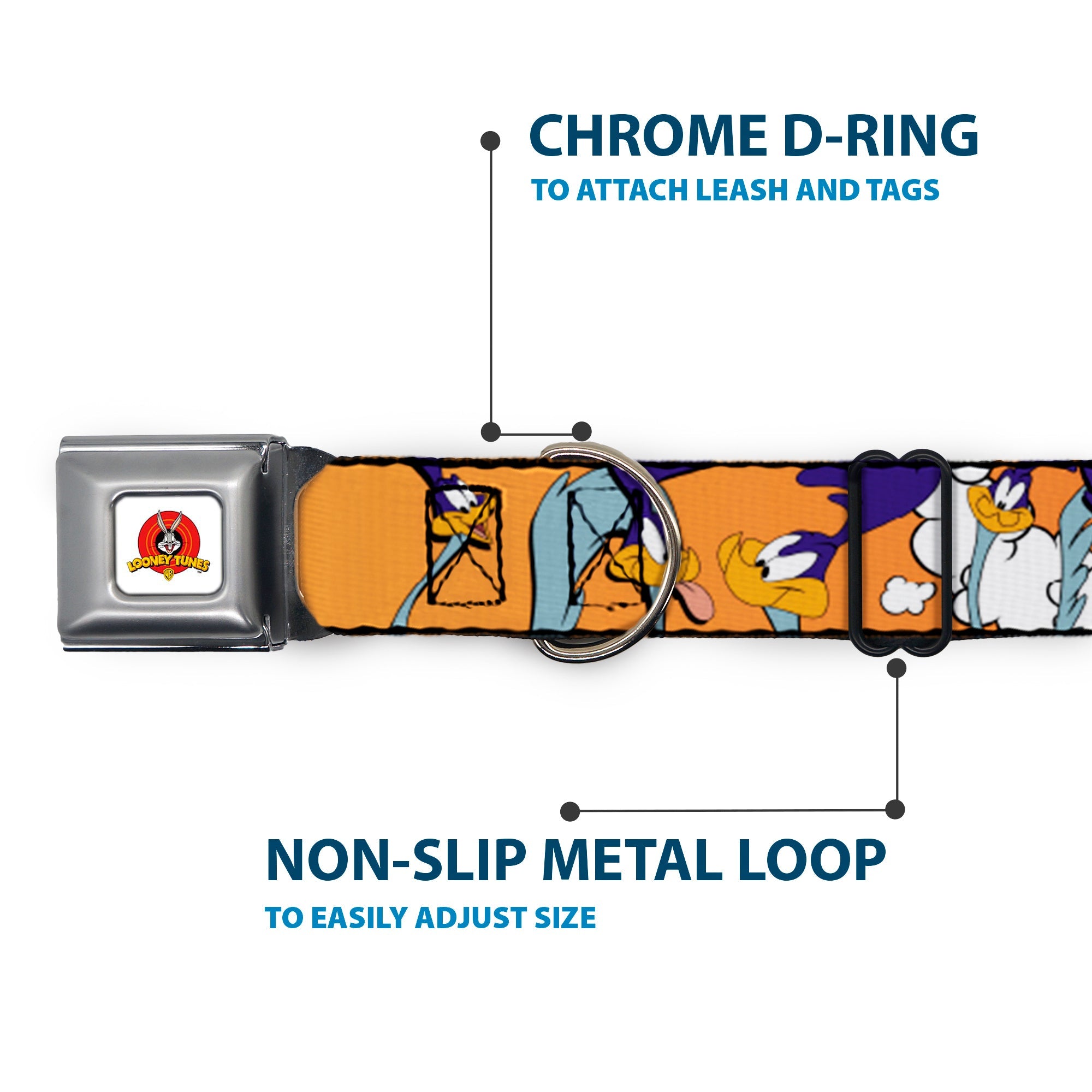 Looney Tunes Logo White Seatbelt Buckle Collar - ROAD RUNNER w/Road Runner Poses Orange
