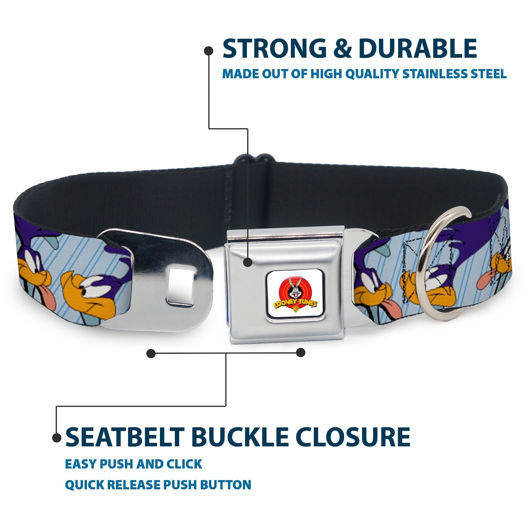 Looney Tunes Logo White Seatbelt Buckle Collar - MEEP MEEP!! w/Road Runner Poses Baby Blue