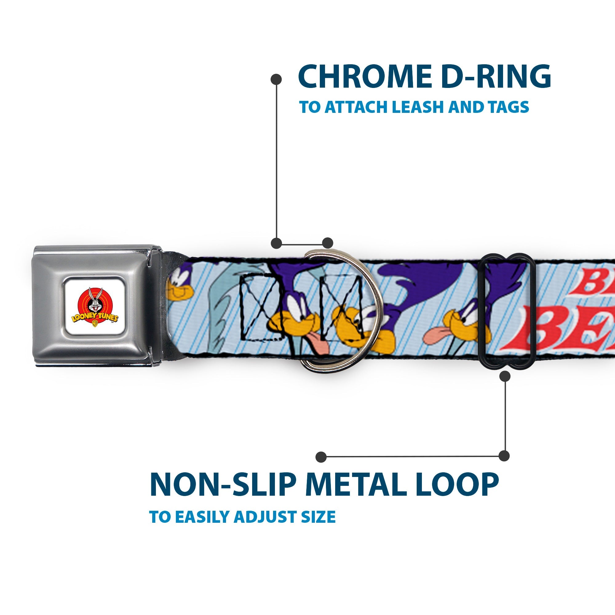 Looney Tunes Logo White Seatbelt Buckle Collar - MEEP MEEP!! w/Road Runner Poses Baby Blue