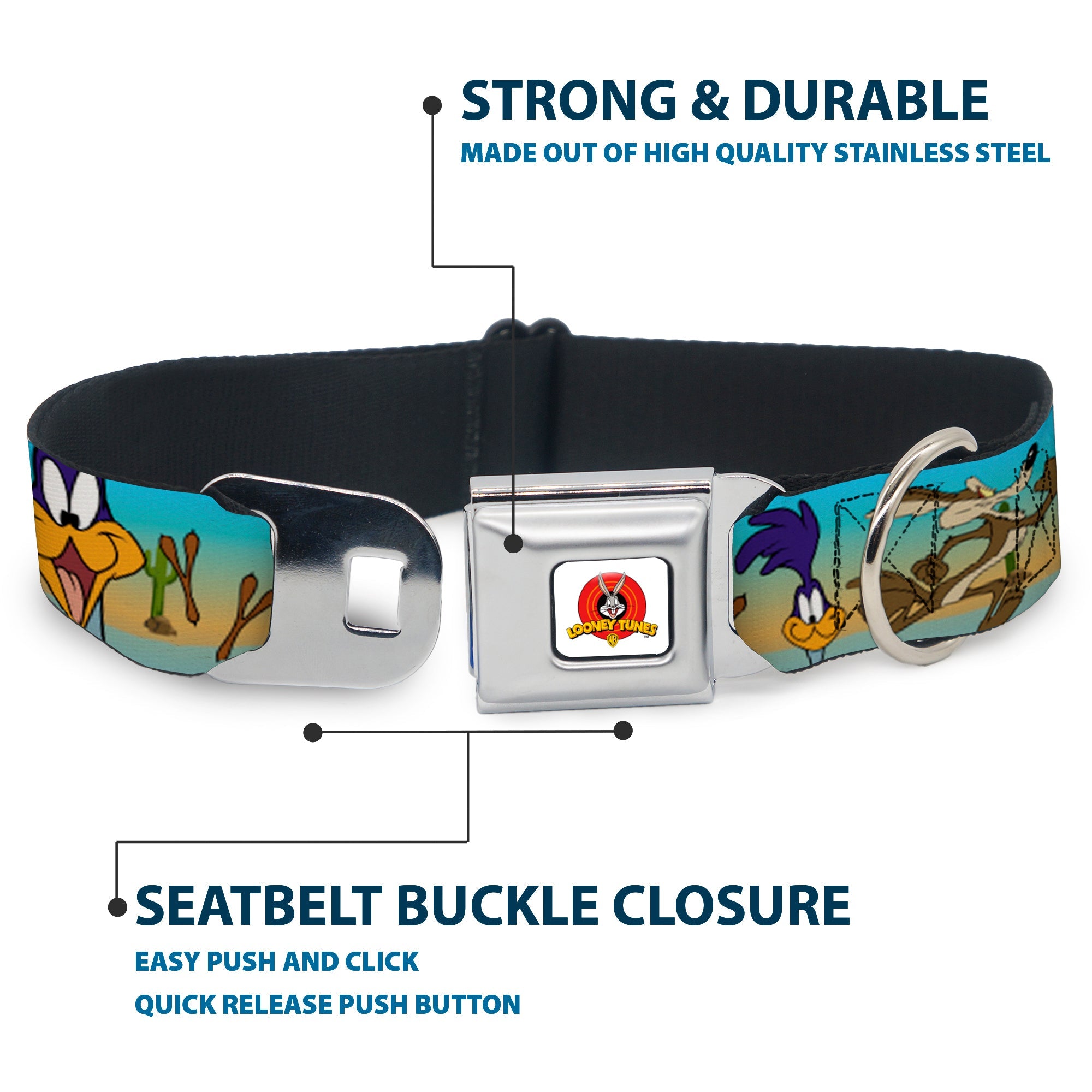 Looney Tunes Logo White Seatbelt Buckle Collar - Road Runner/Wile E. Coyote Scene1 Brown Fade