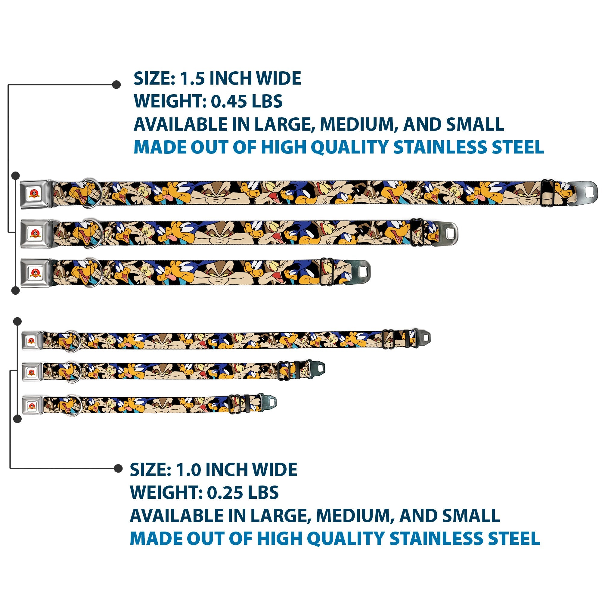 Looney Tunes Logo White Seatbelt Buckle Collar - Road Runner/Wile E. Coyote Expressions Stacked Black