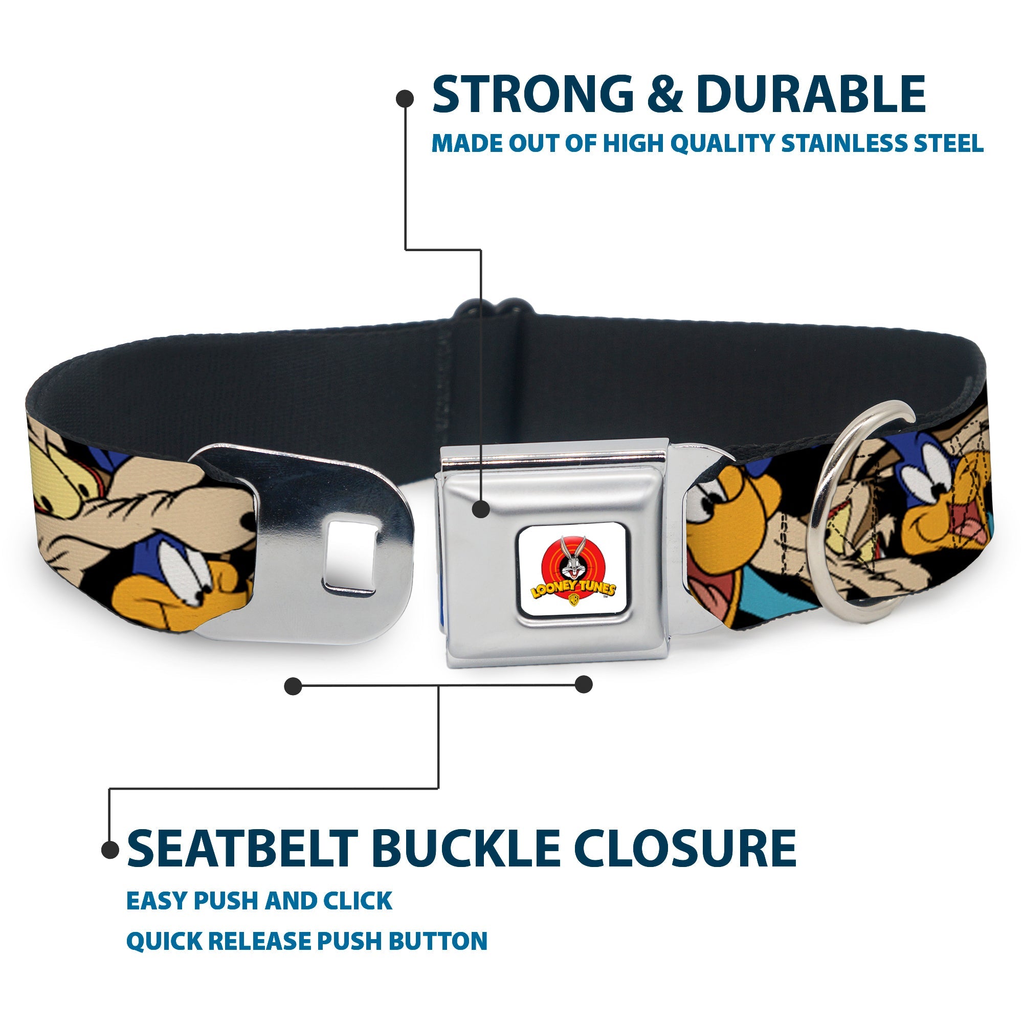 Looney Tunes Logo White Seatbelt Buckle Collar - Road Runner/Wile E. Coyote Expressions Stacked Black