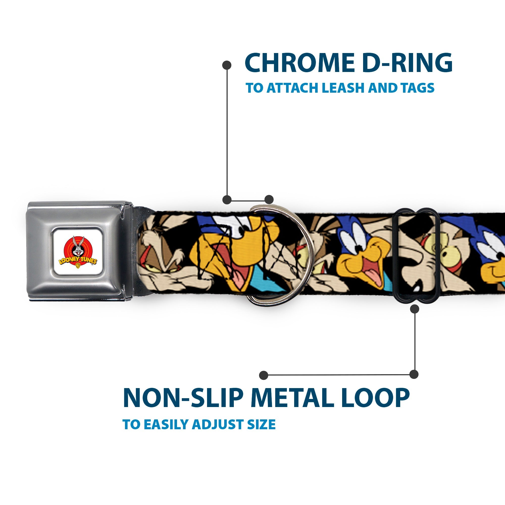 Looney Tunes Logo White Seatbelt Buckle Collar - Road Runner/Wile E. Coyote Expressions Stacked Black