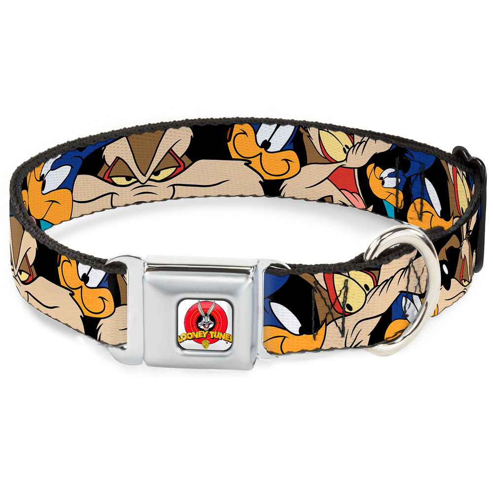 Looney Tunes Logo White Seatbelt Buckle Collar - Road Runner/Wile E. Coyote Expressions Stacked Black