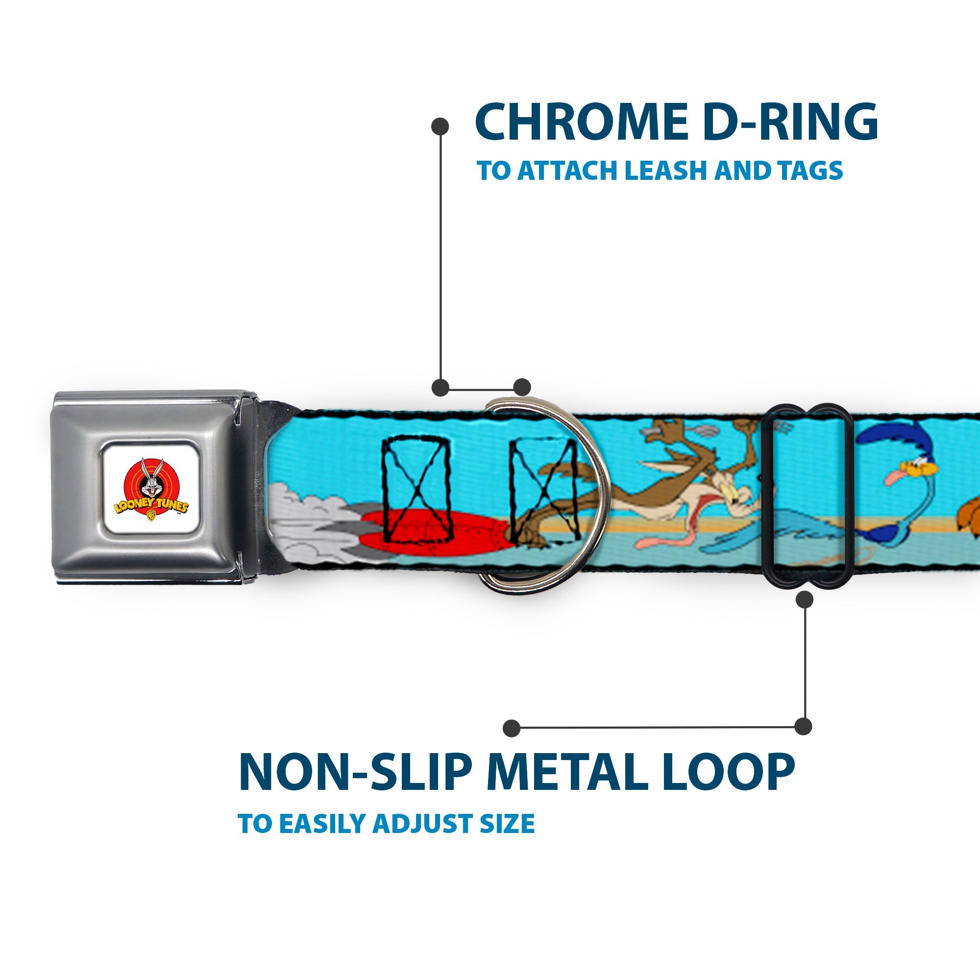 Looney Tunes Logo White Seatbelt Buckle Collar - Road Runner/Wile E. Coyote Scene2 Desert