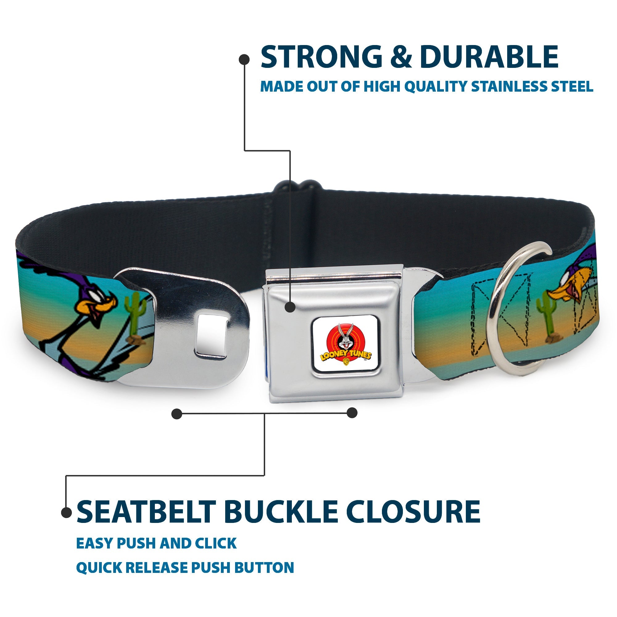 Looney Tunes Logo White Seatbelt Buckle Collar - Road Runner/Wile E. Coyote Scene1 Desert