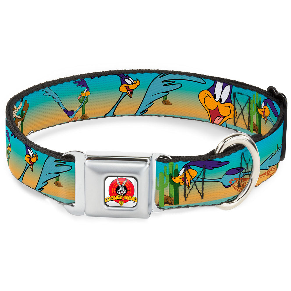 Looney Tunes Logo White Seatbelt Buckle Collar - Road Runner/Wile E. Coyote Scene1 Desert