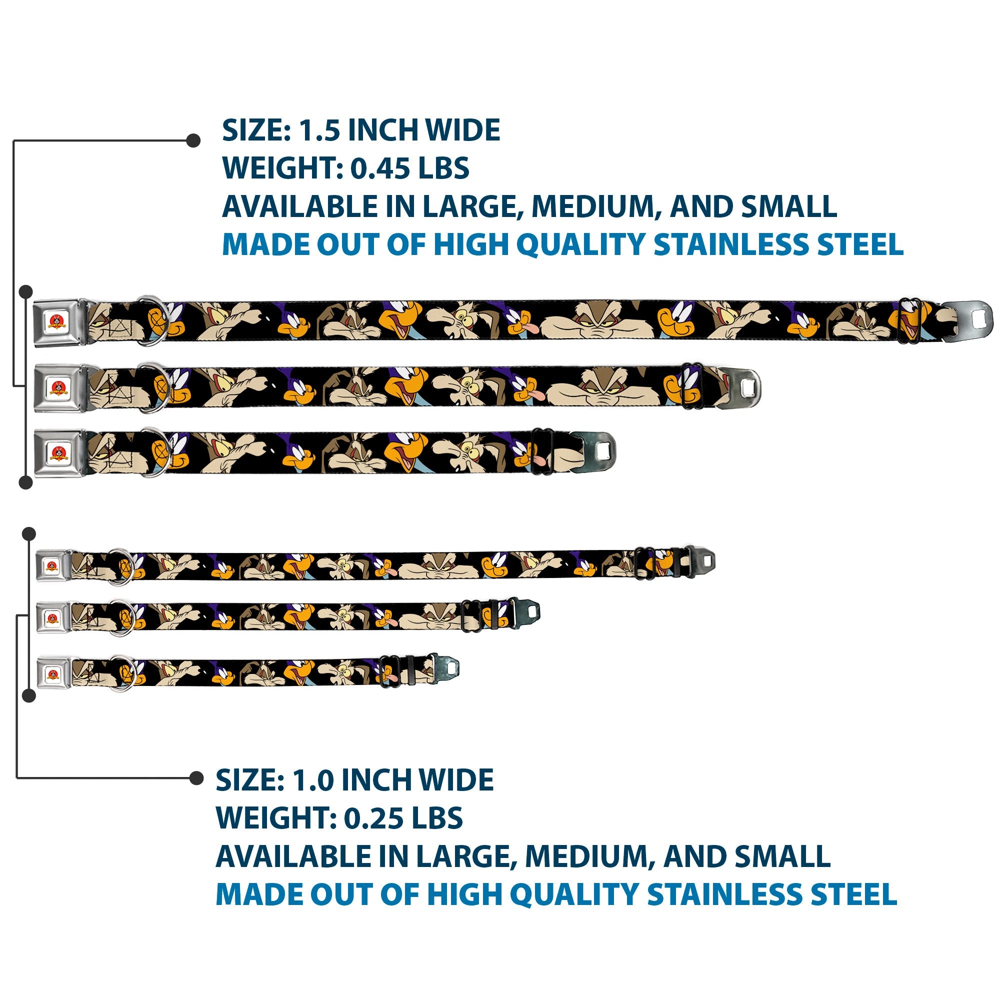 Looney Tunes Logo White Seatbelt Buckle Collar - Road Runner/Wile E. Coyote Expressions CLOSE-UP Black