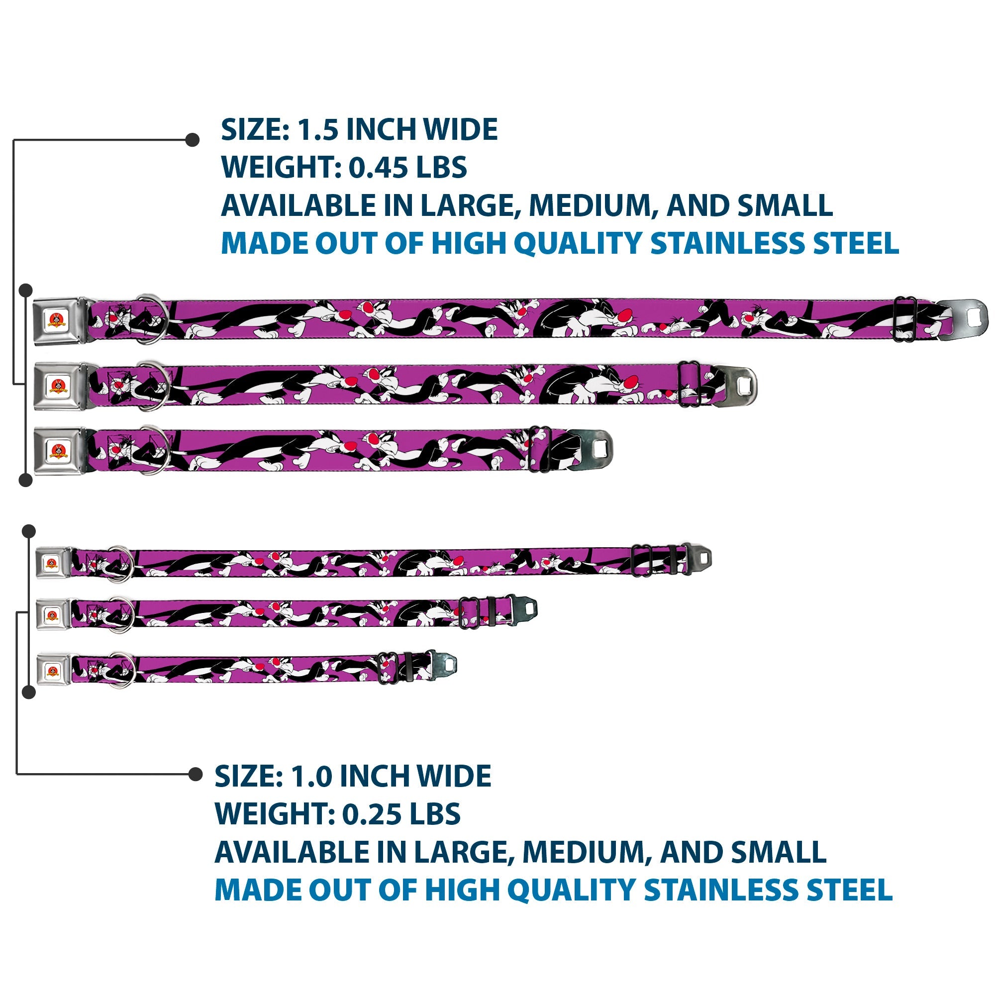 Looney Tunes Logo Full Color White Seatbelt Buckle Collar - Sylvester the Cat Poses Purple