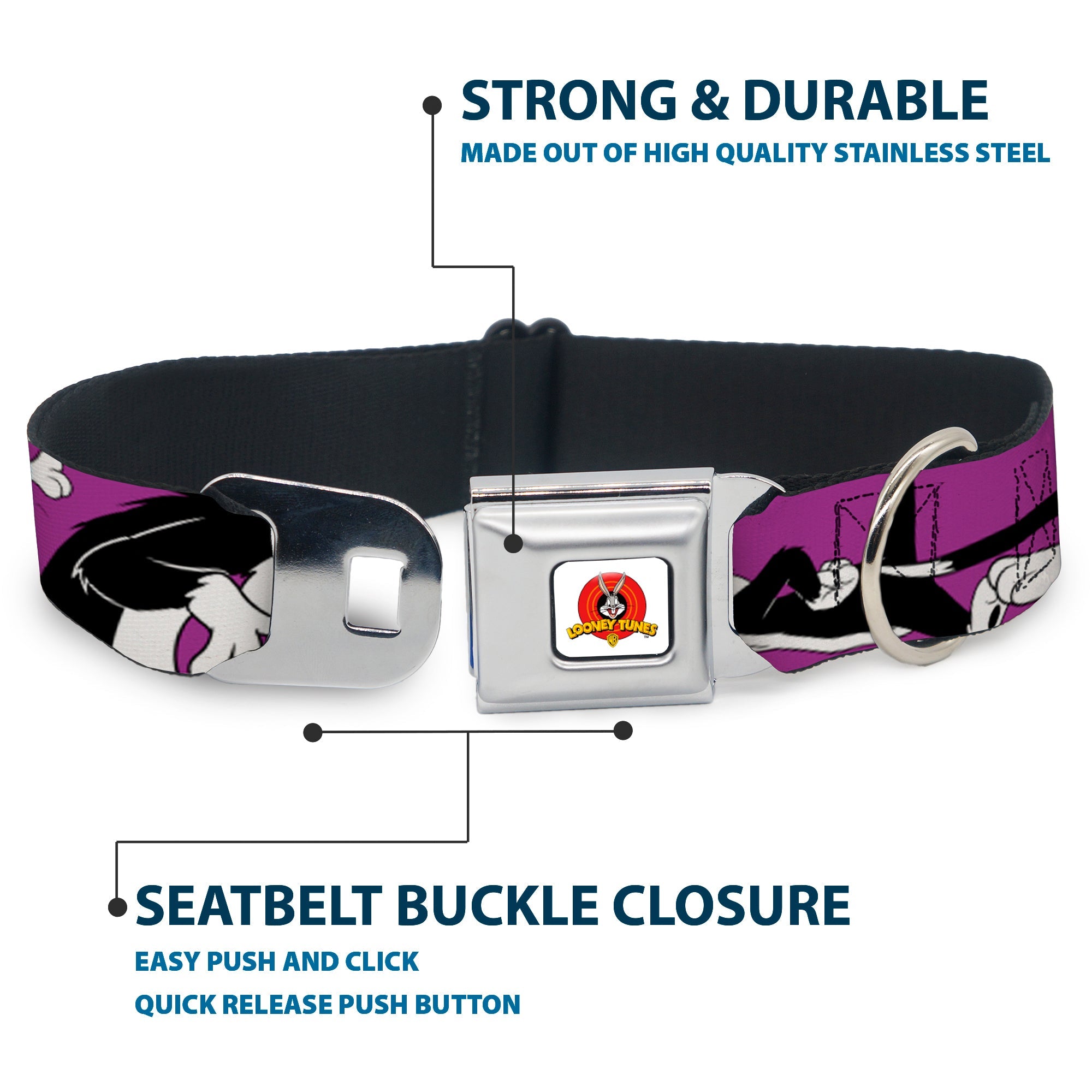 Looney Tunes Logo Full Color White Seatbelt Buckle Collar - Sylvester the Cat Poses Purple