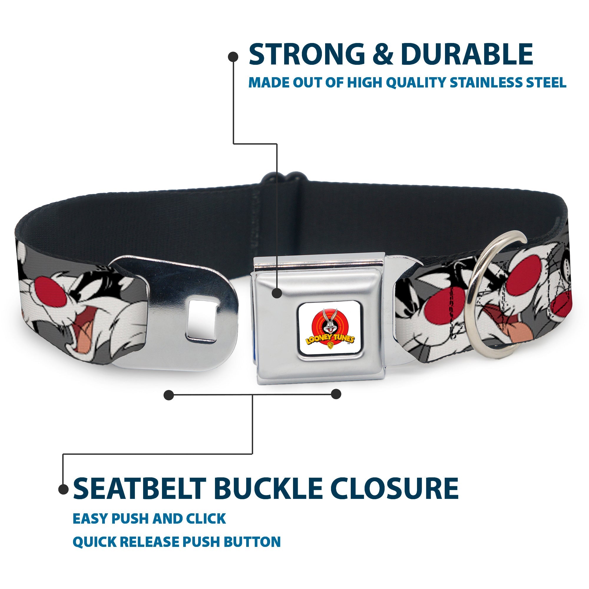 Looney Tunes Logo Full Color White Seatbelt Buckle Collar - Sylvester the Cat Expressions Gray