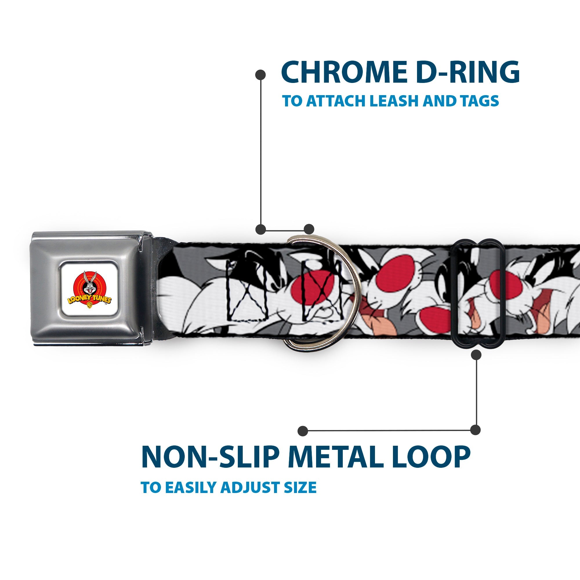 Looney Tunes Logo Full Color White Seatbelt Buckle Collar - Sylvester the Cat Expressions Gray