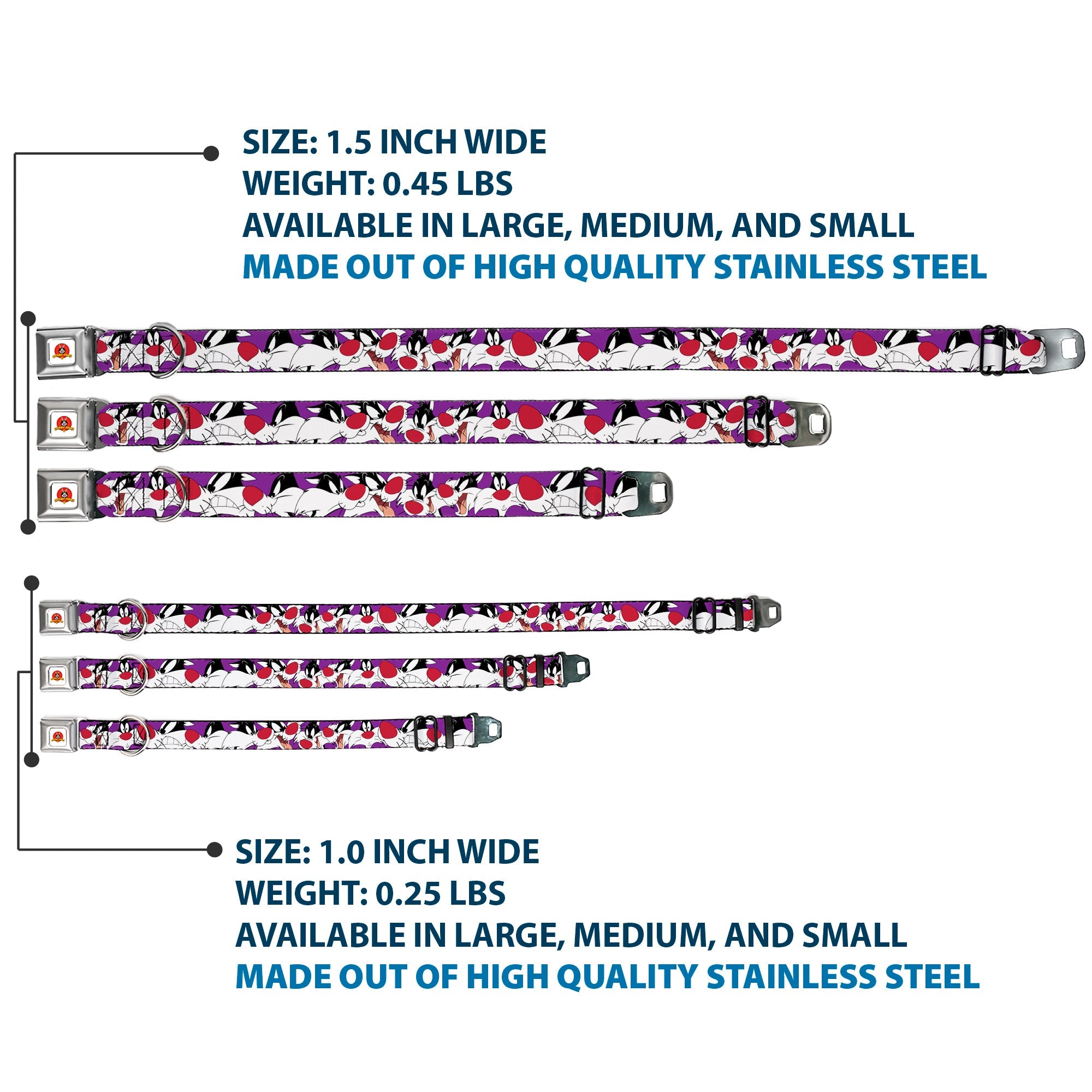 Looney Tunes Logo Full Color White Seatbelt Buckle Collar - Sylvester the Cat Expressions Purple