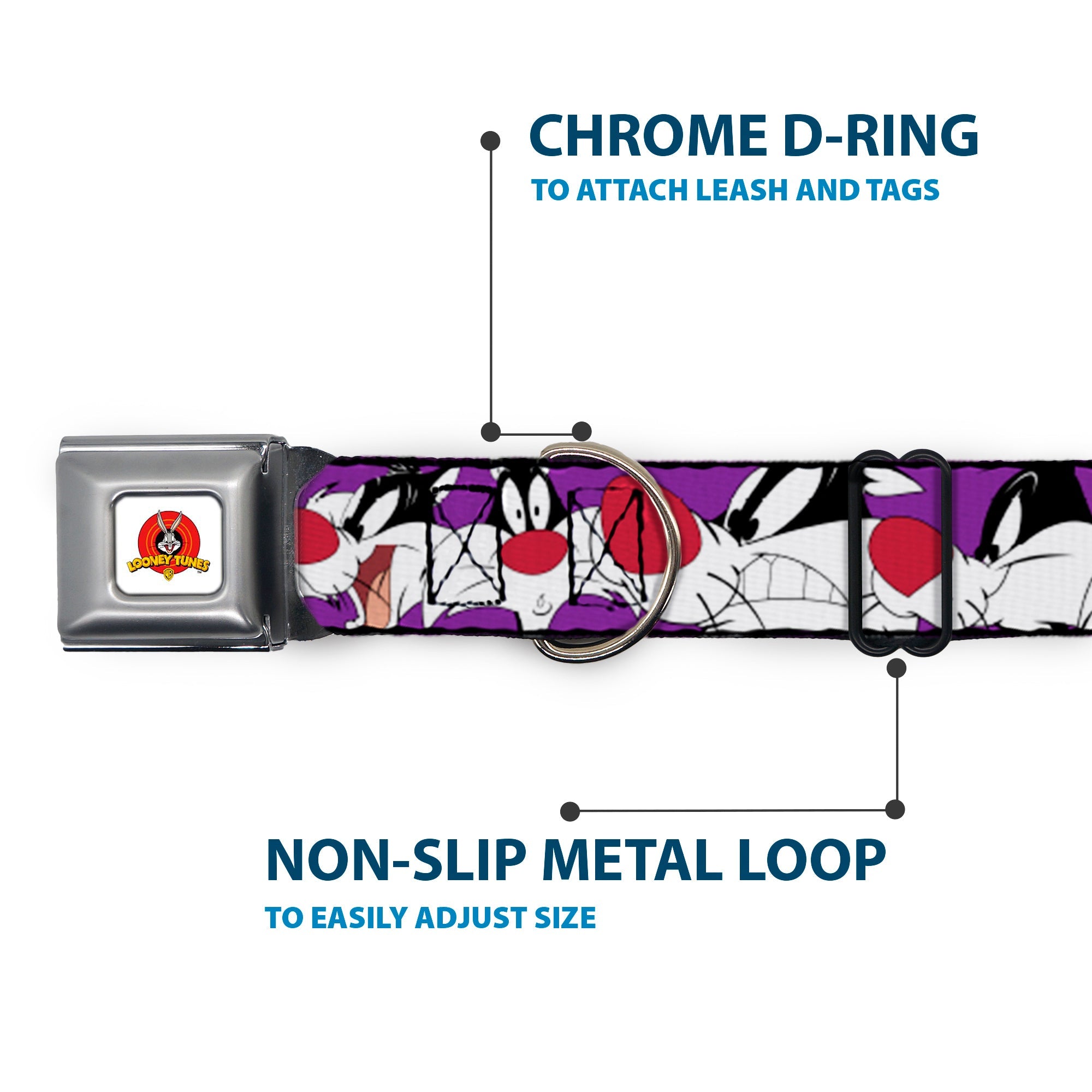 Looney Tunes Logo Full Color White Seatbelt Buckle Collar - Sylvester the Cat Expressions Purple