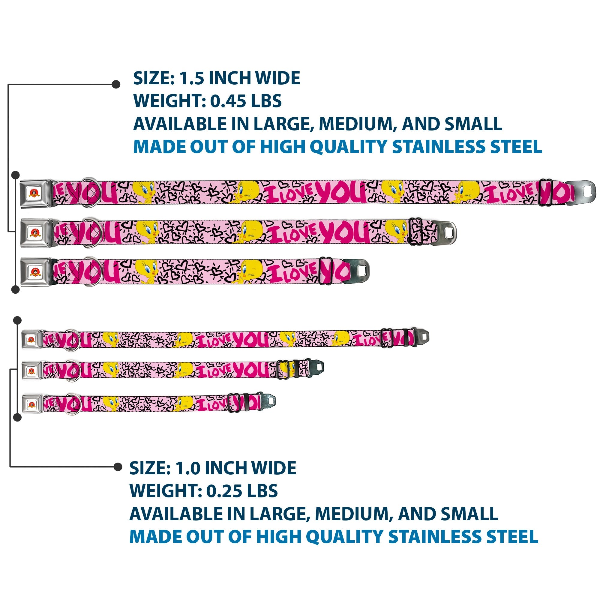 Looney Tunes Logo Full Color White Seatbelt Buckle Collar - Tweety Bird I LOVE YOU Pink/Black