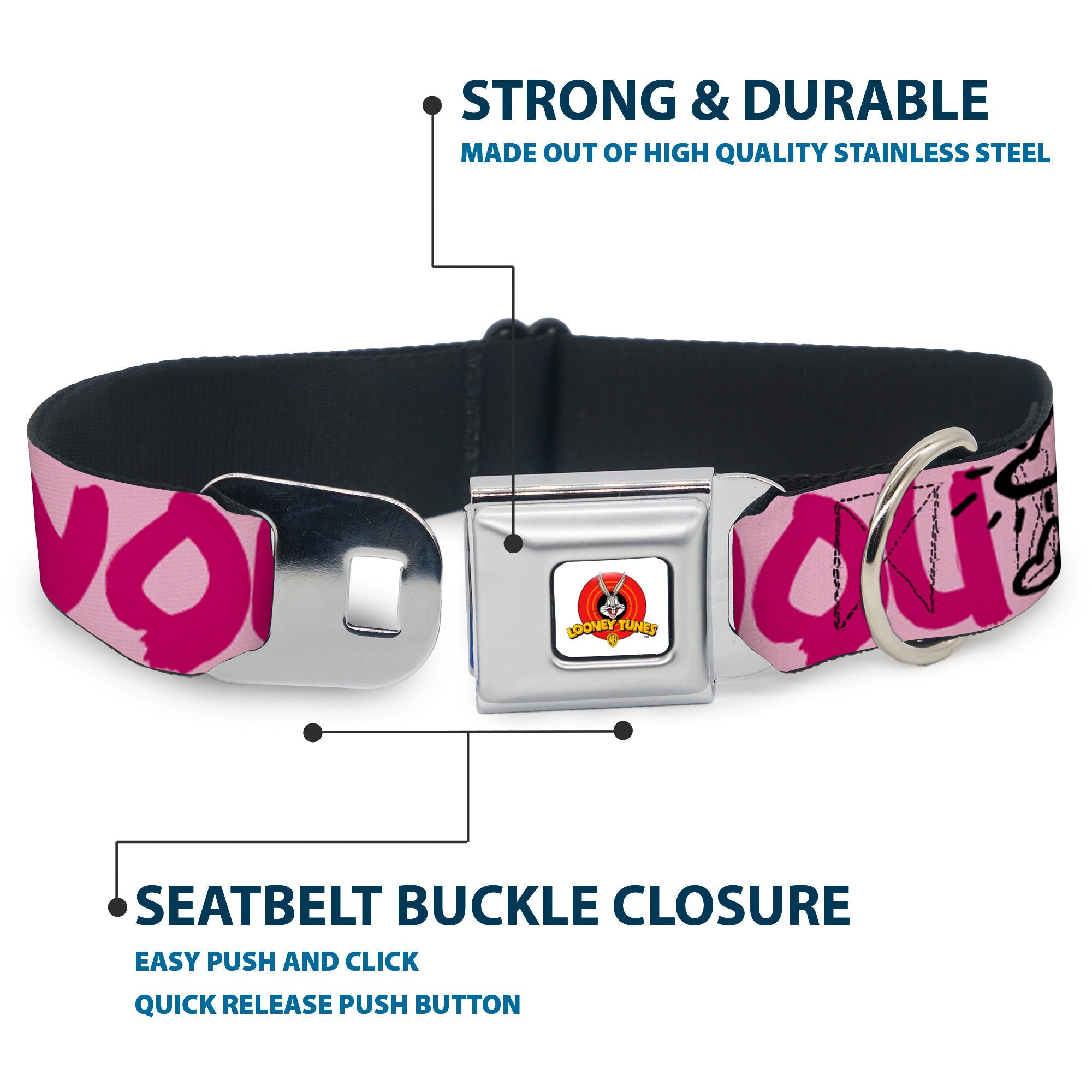 Looney Tunes Logo Full Color White Seatbelt Buckle Collar - Tweety Bird I LOVE YOU Pink/Black