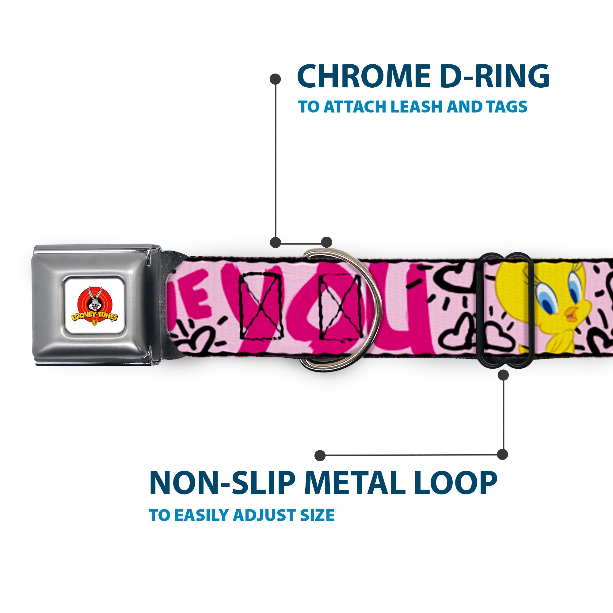 Looney Tunes Logo Full Color White Seatbelt Buckle Collar - Tweety Bird I LOVE YOU Pink/Black