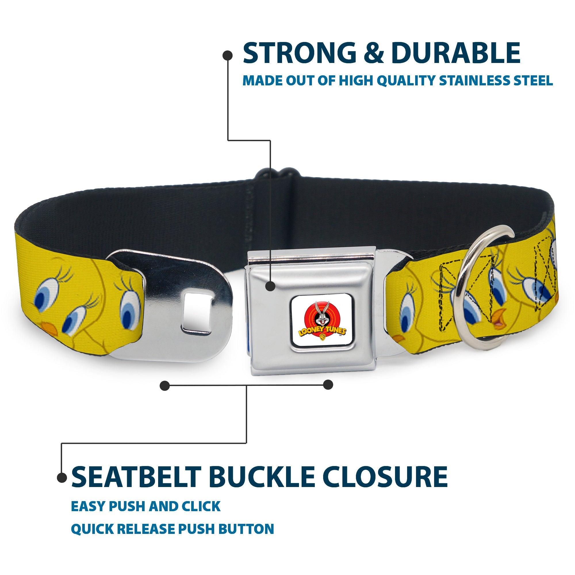 Looney Tunes Logo Full Color White Seatbelt Buckle Collar - Tweety Bird Expressions Yellow