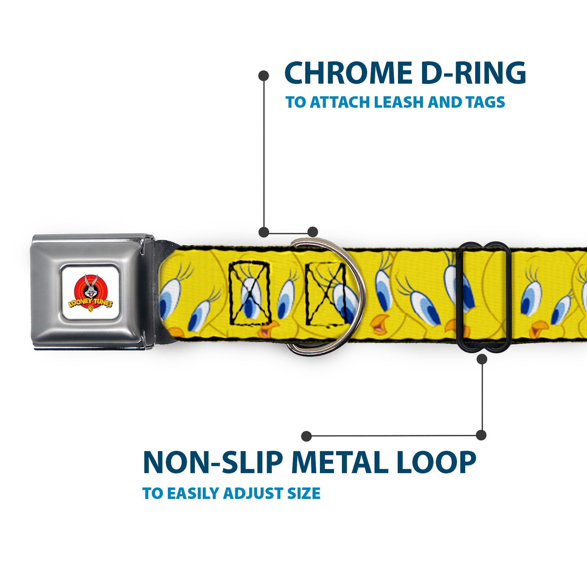 Looney Tunes Logo Full Color White Seatbelt Buckle Collar - Tweety Bird Expressions Yellow