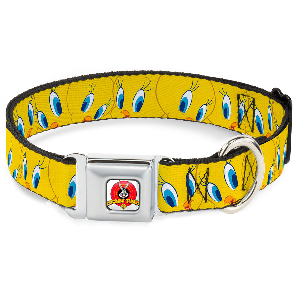 Looney Tunes Logo Full Color White Seatbelt Buckle Collar - Tweety Bird Expressions Yellow
