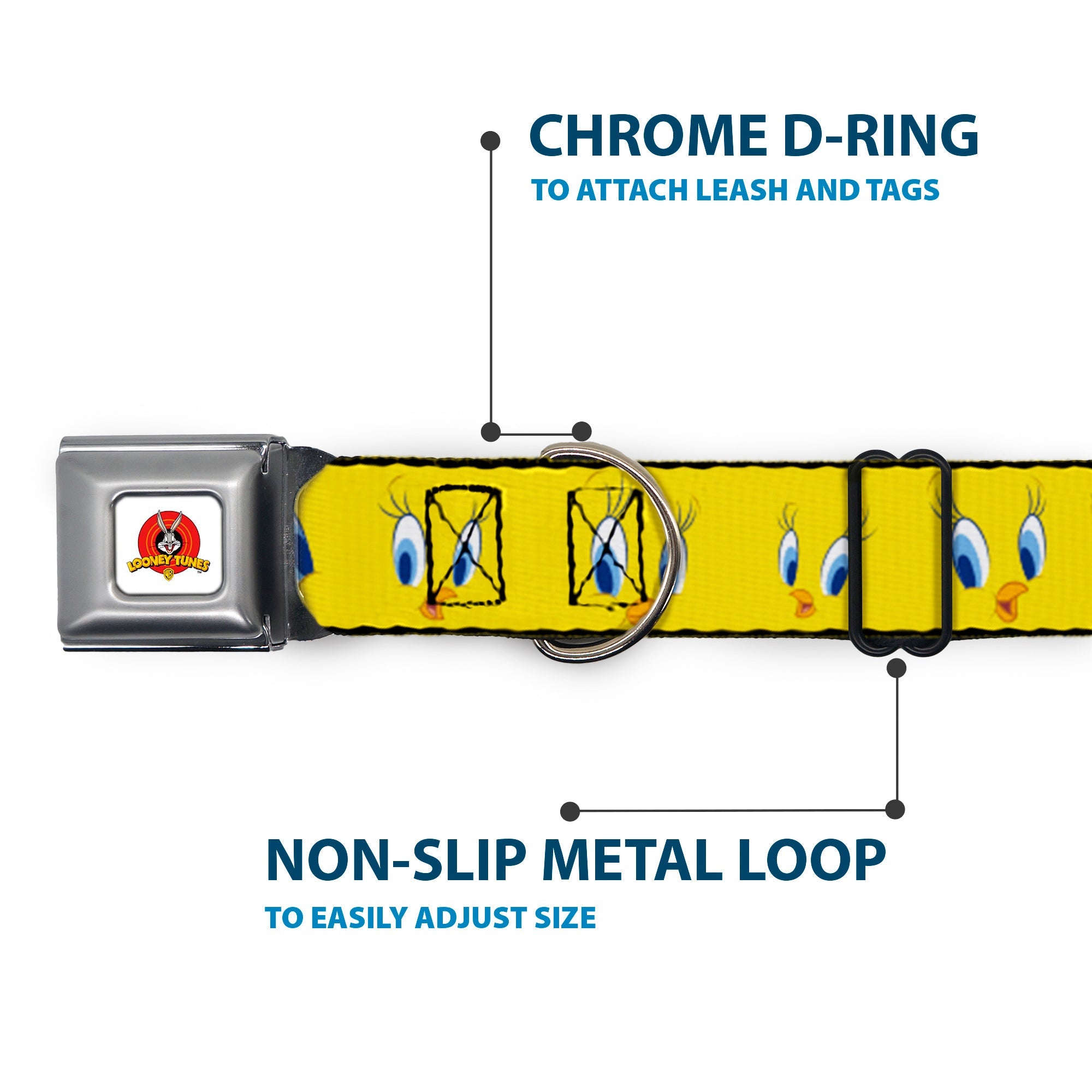 Looney Tunes Logo Full Color White Seatbelt Buckle Collar - Tweety Bird Expressions2
