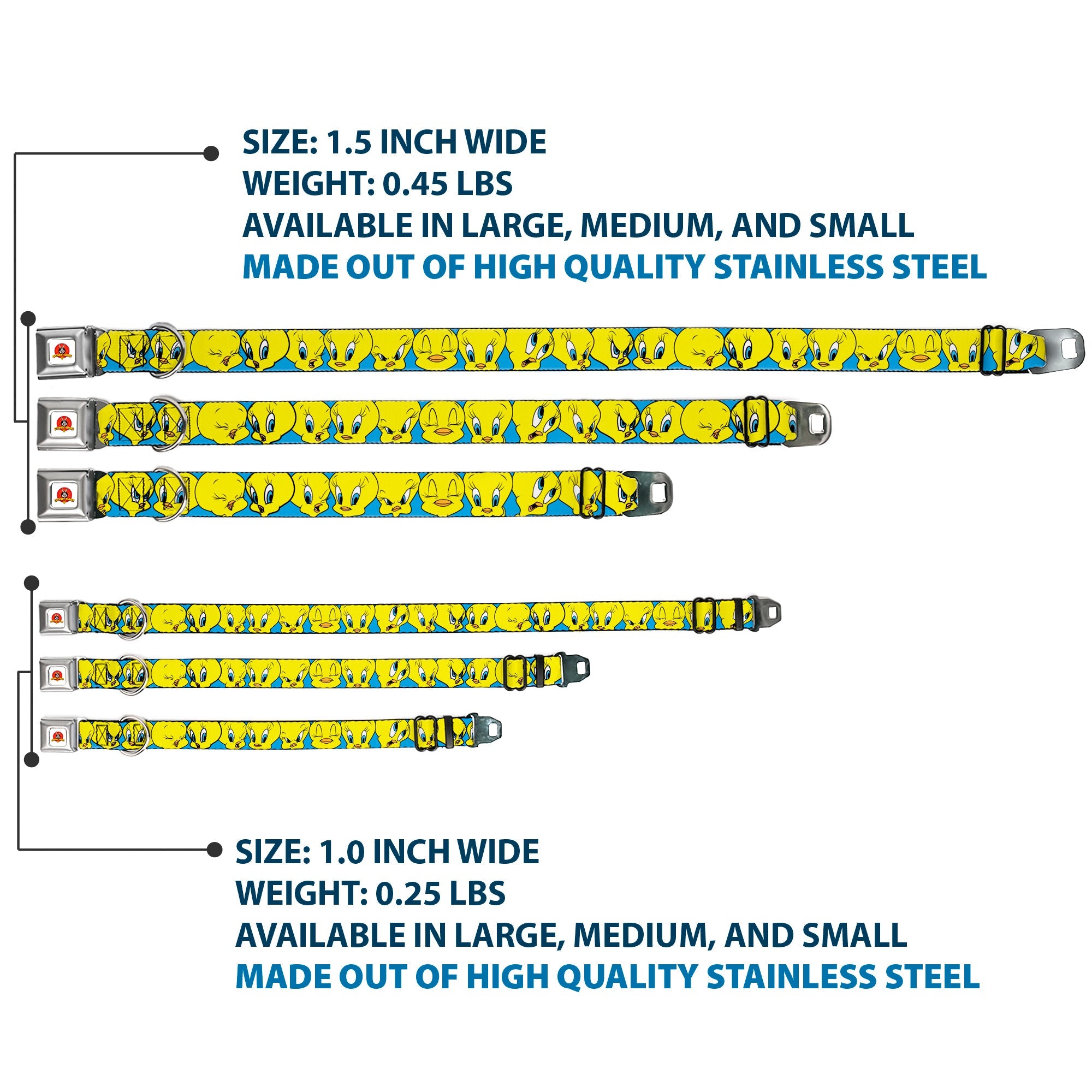 Looney Tunes Logo Full Color White Seatbelt Buckle Collar - Tweety Bird CLOSE-UP Expressions Baby Blue