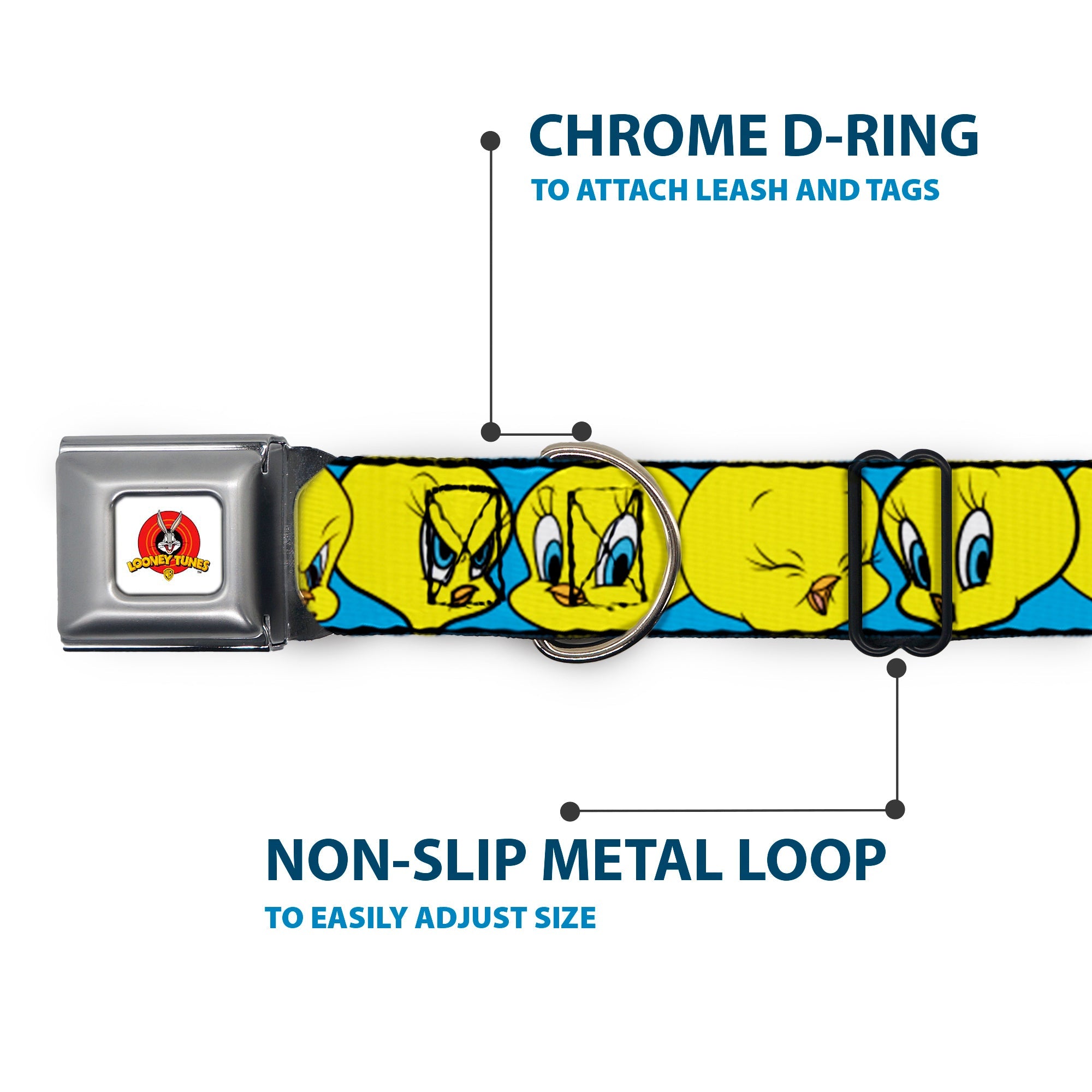 Looney Tunes Logo Full Color White Seatbelt Buckle Collar - Tweety Bird CLOSE-UP Expressions Baby Blue