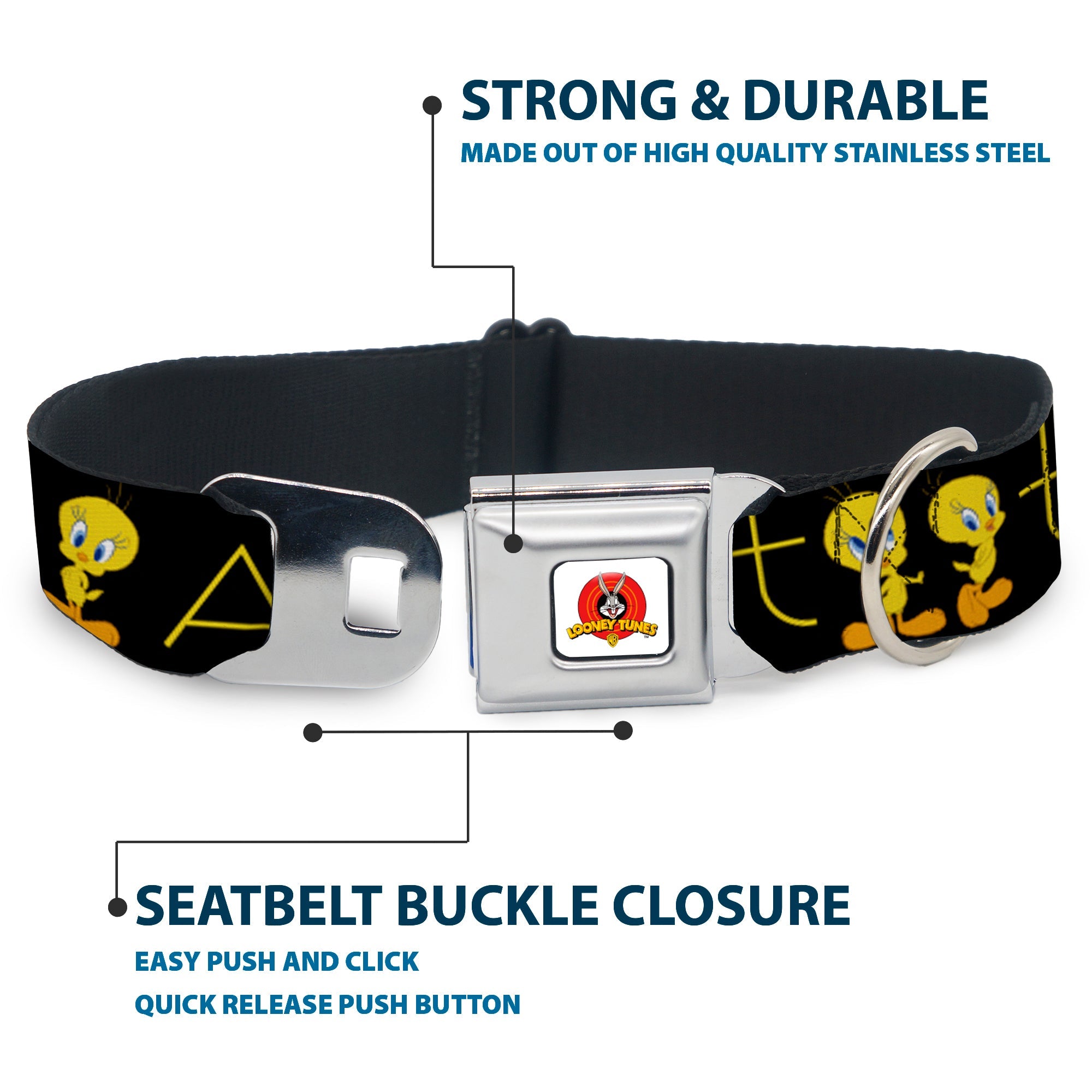 Looney Tunes Logo Full Color White Seatbelt Buckle Collar - Tweety Bird Poses CUTE AND SWEET Black/Yellow