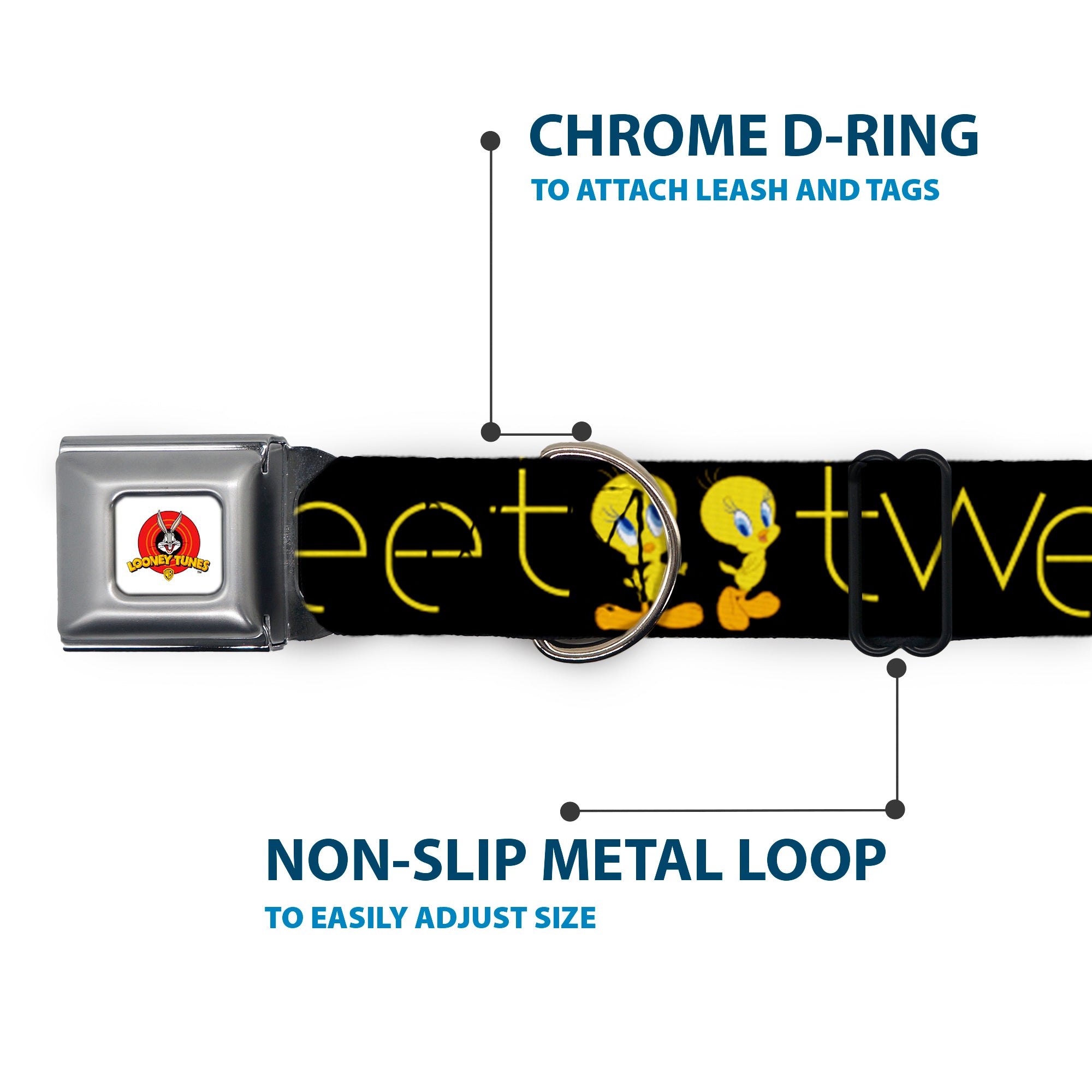 Looney Tunes Logo Full Color White Seatbelt Buckle Collar - Tweety Bird Poses CUTE AND SWEET Black/Yellow