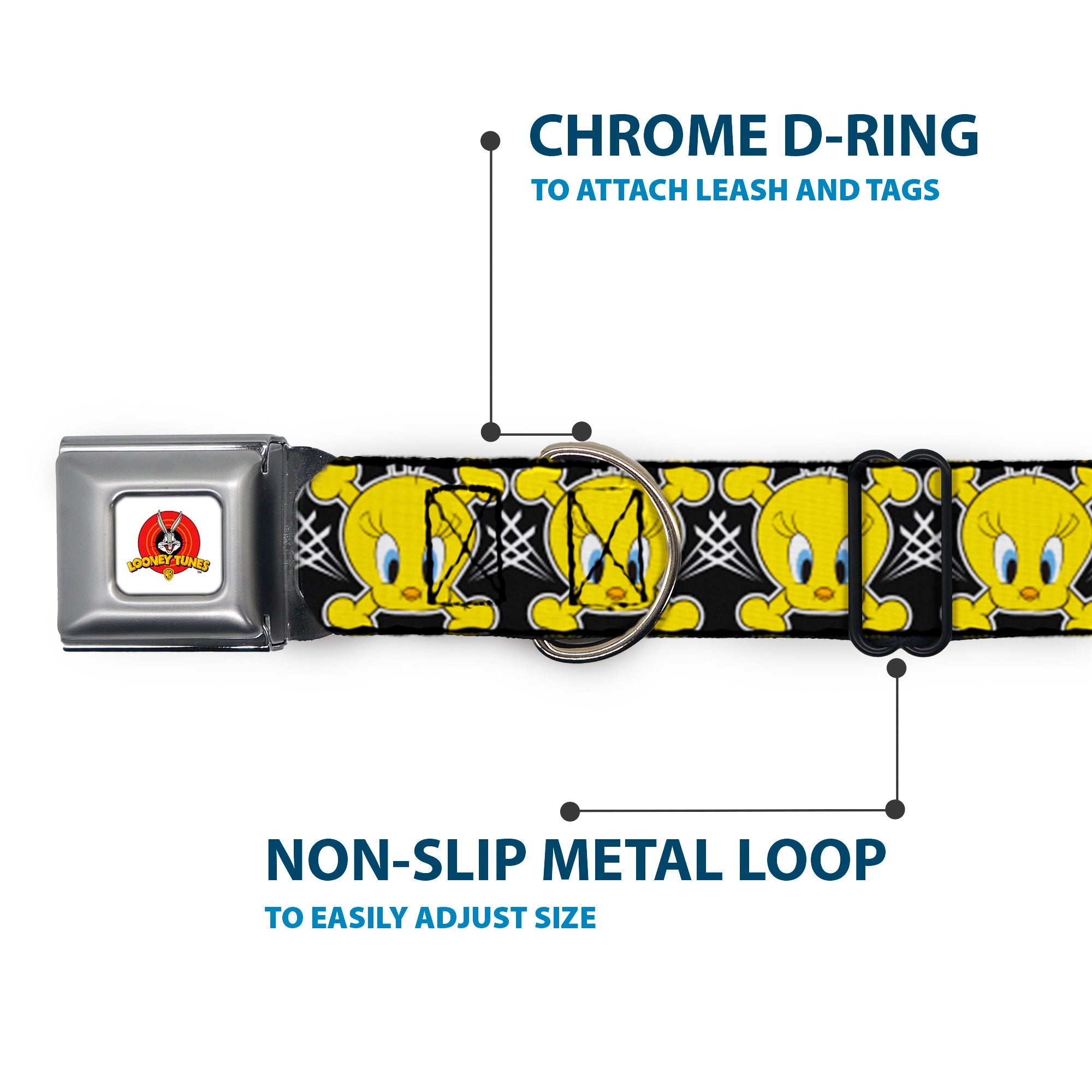 Looney Tunes Logo Full Color White Seatbelt Buckle Collar - Tweety Bird & Crossbones Black/White/Yellow
