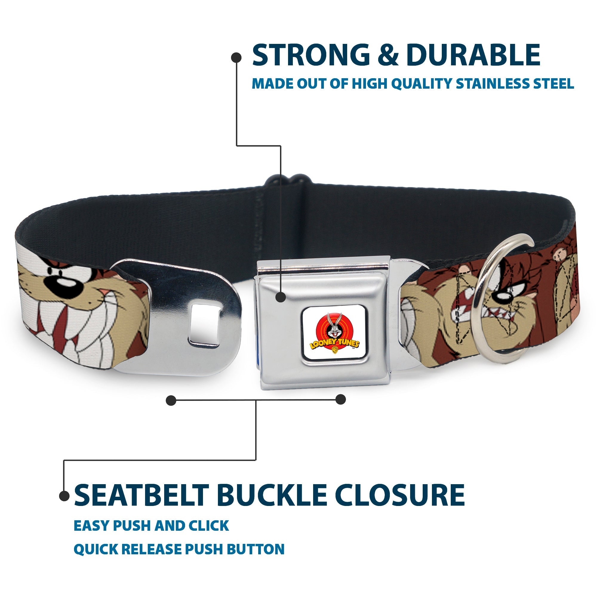 Looney Tunes Logo Full Color White Seatbelt Buckle Collar - Tasmanian Devil Expressions Brown