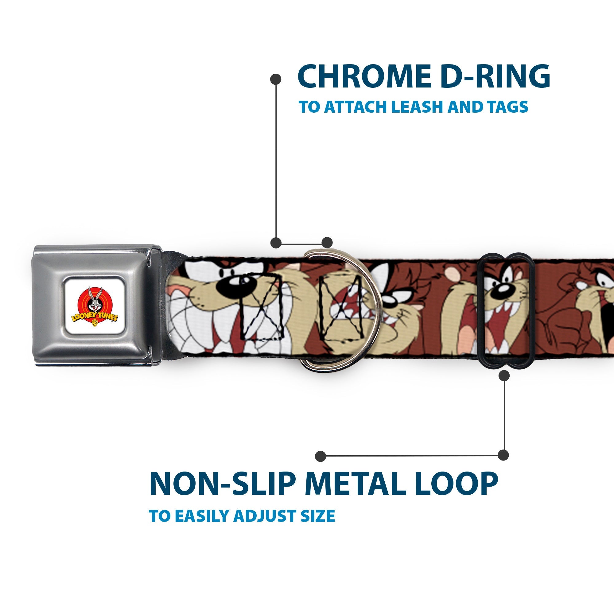 Looney Tunes Logo Full Color White Seatbelt Buckle Collar - Tasmanian Devil Expressions Brown