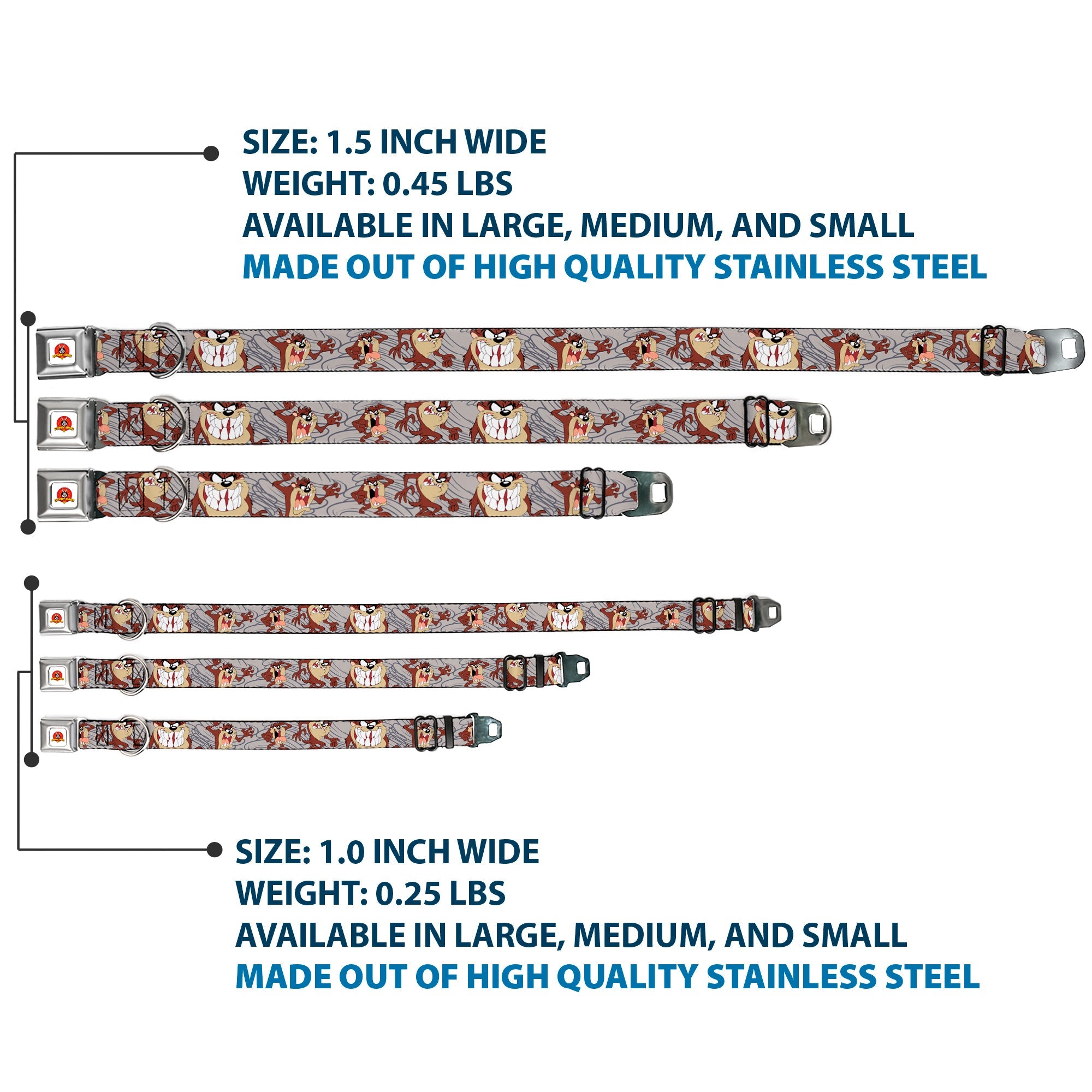 Looney Tunes Logo Full Color White Seatbelt Buckle Collar - Tasmanian Devil Expressions Gray Swirl