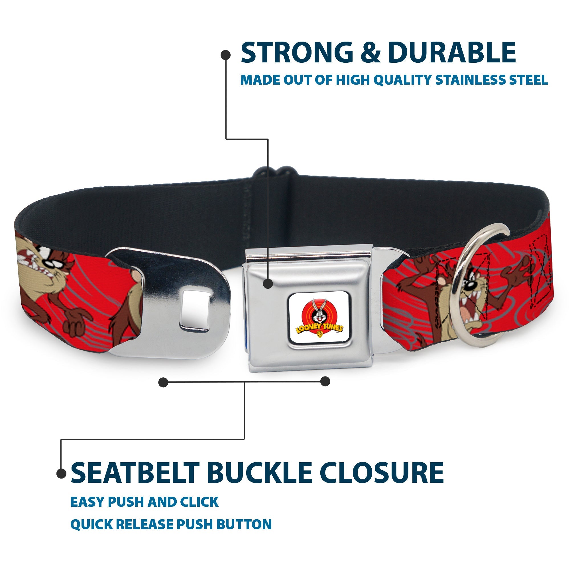 Looney Tunes Logo Full Color White Seatbelt Buckle Collar - Tasmanian Devil Expressions Red Swirl
