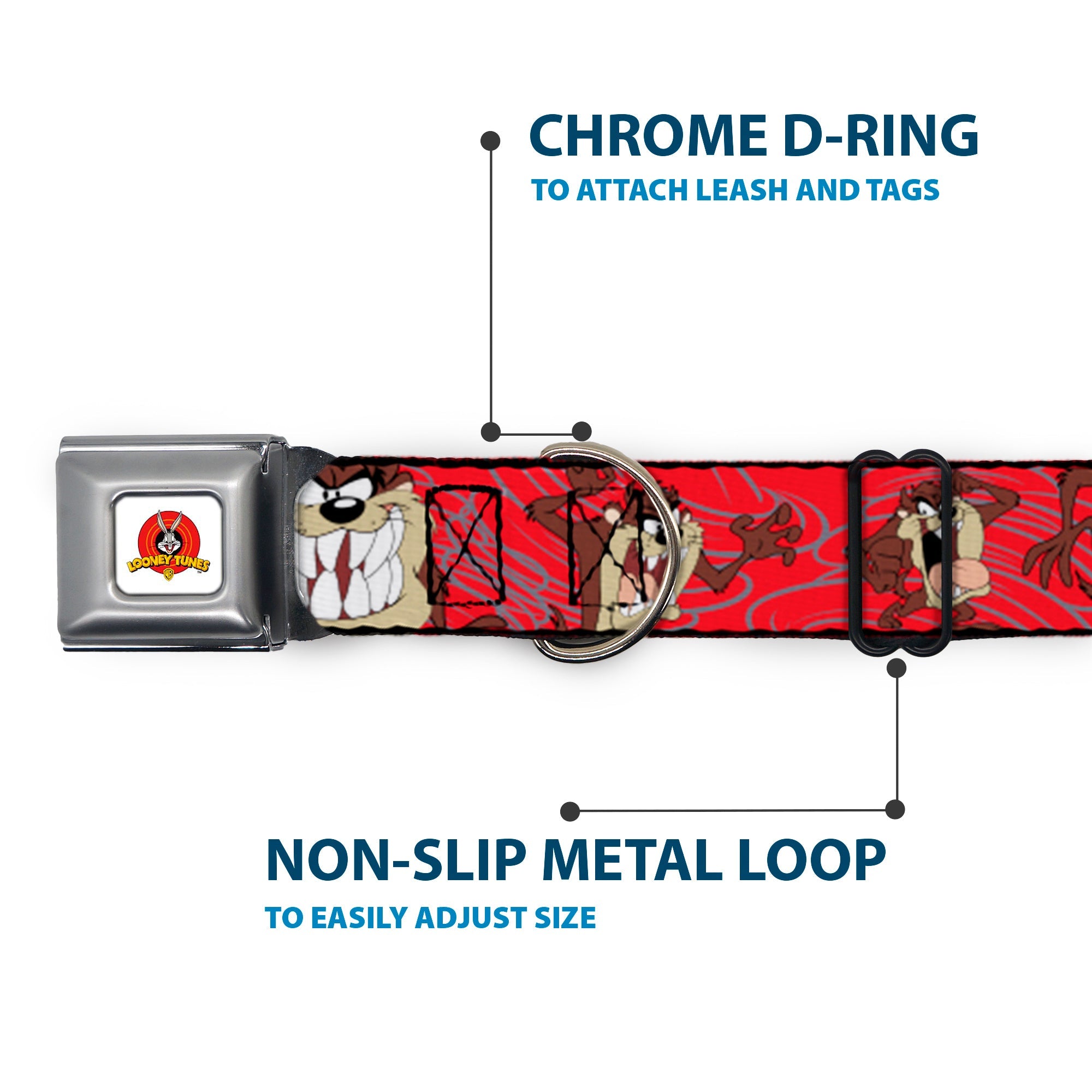 Looney Tunes Logo Full Color White Seatbelt Buckle Collar - Tasmanian Devil Expressions Red Swirl