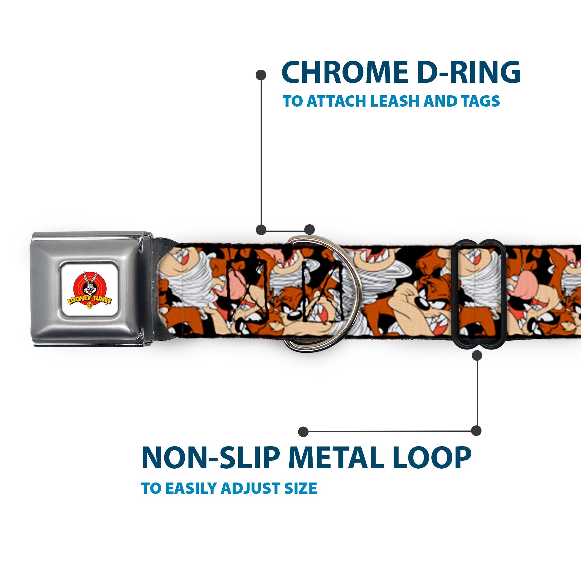 Looney Tunes Logo White Seatbelt Buckle Collar - Tasmanian Devil Vortex Poses Stacked Black