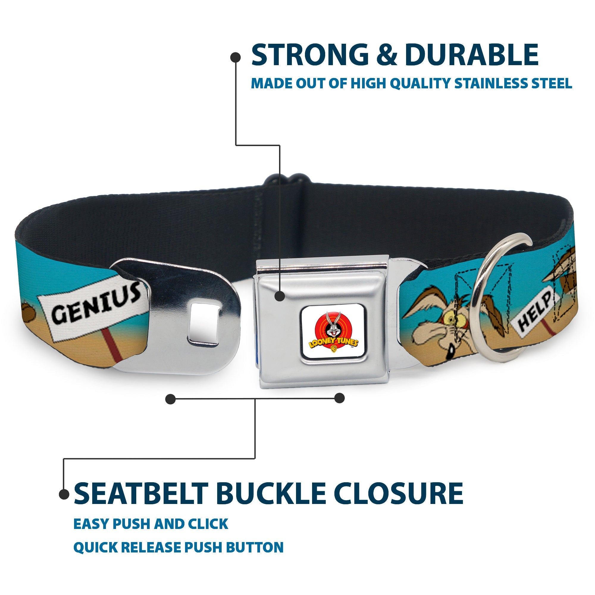 Looney Tunes Logo Full Color White Seatbelt Buckle Collar - WILE E. COYOTE Expressions/Signs Desert