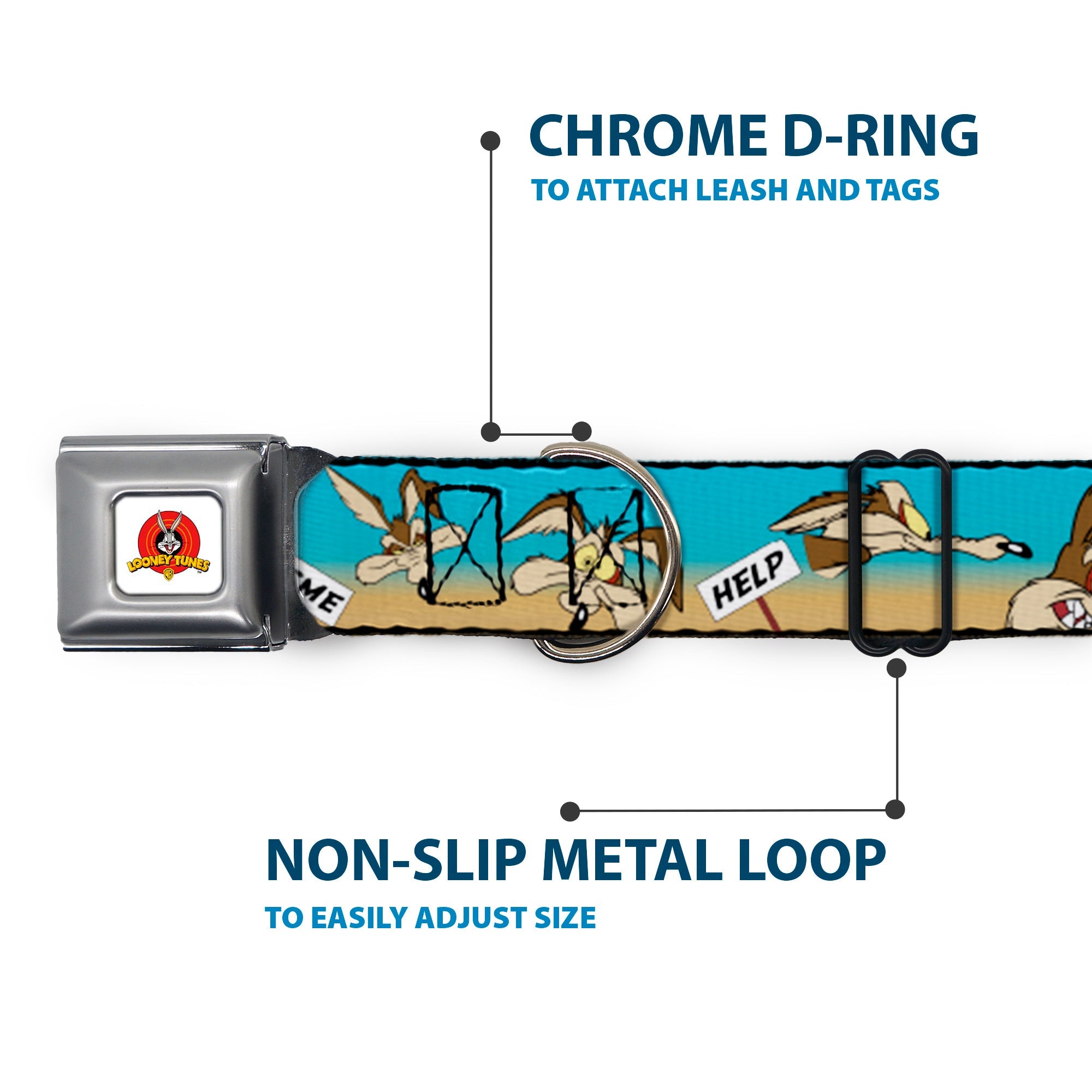 Looney Tunes Logo Full Color White Seatbelt Buckle Collar - WILE E. COYOTE Expressions/Signs Desert