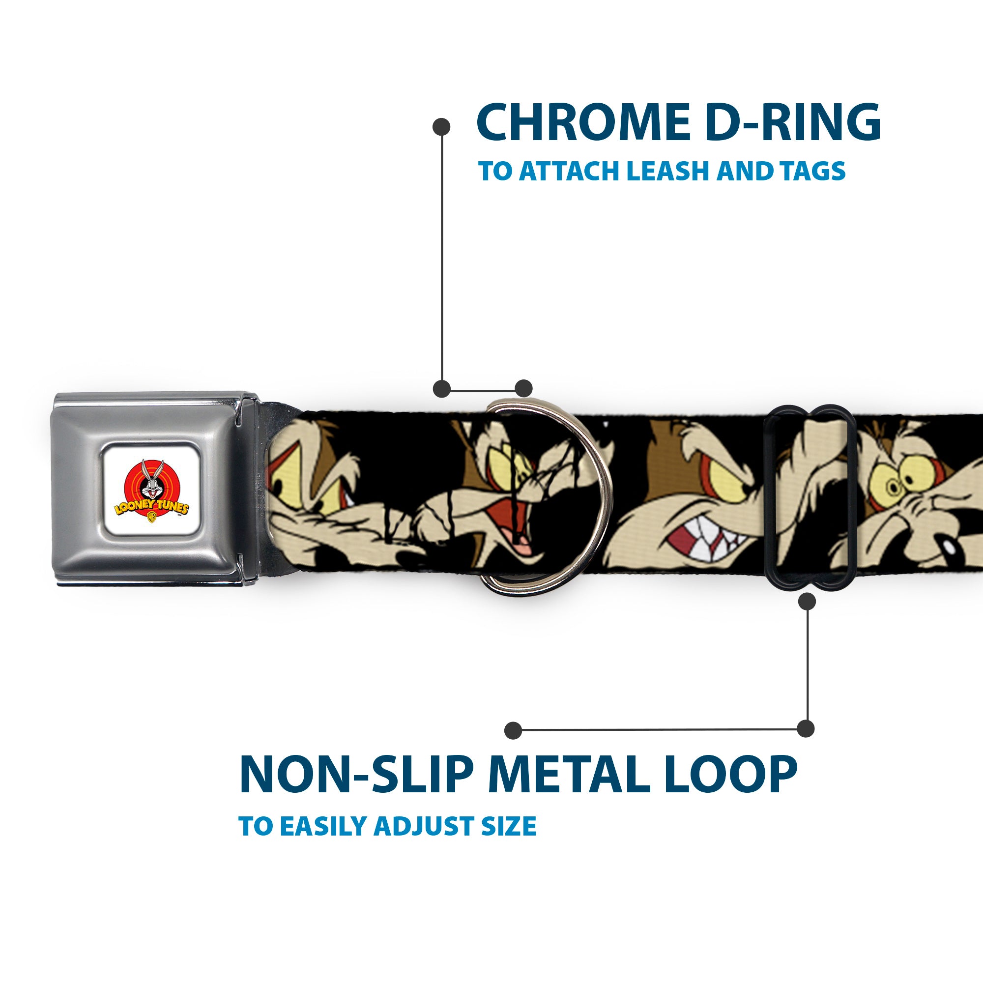 Looney Tunes Logo Full Color White Seatbelt Buckle Collar - Wile E. Coyote Expressions Black