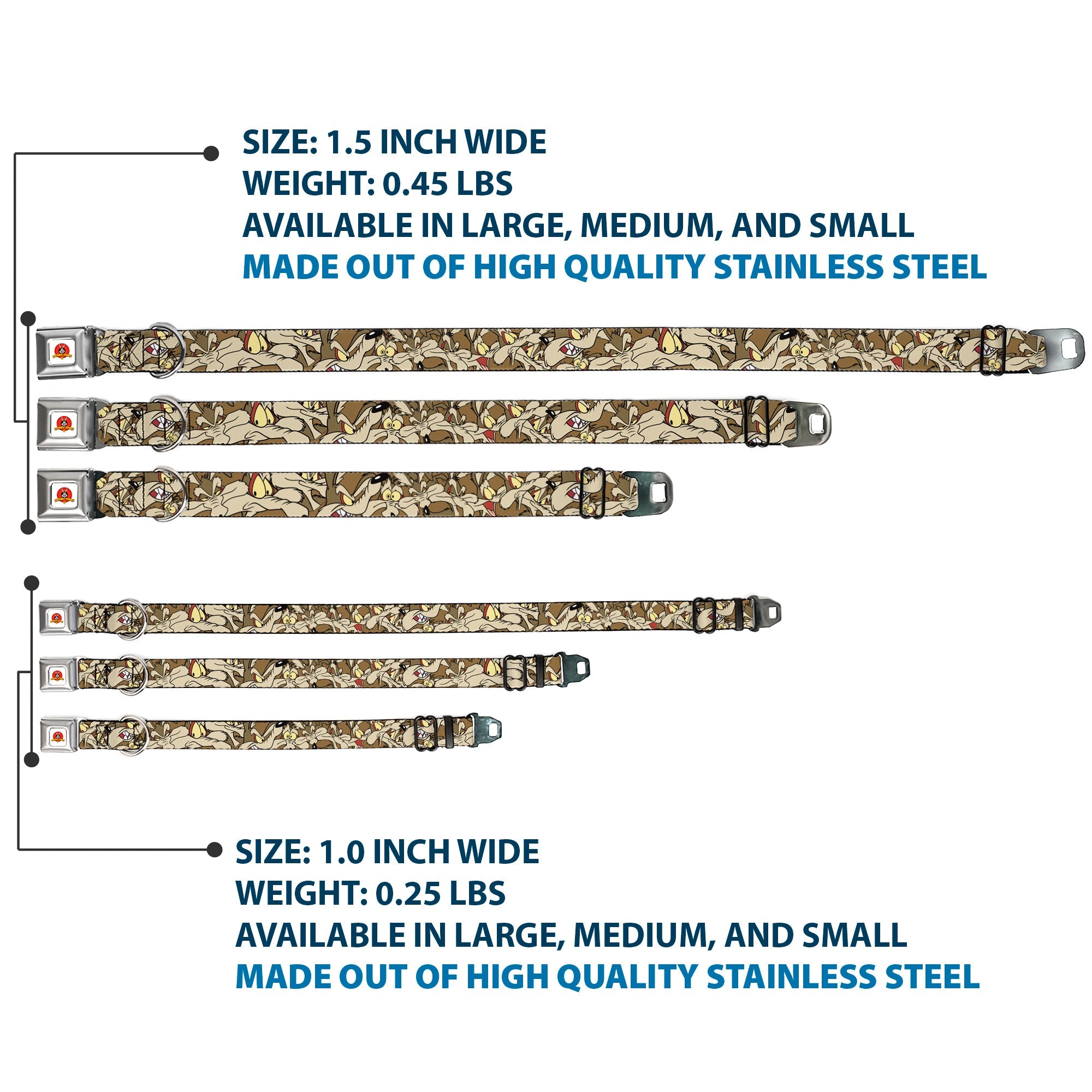 Looney Tunes Logo Full Color White Seatbelt Buckle Collar - Wile E. Coyote Expressions Stacked