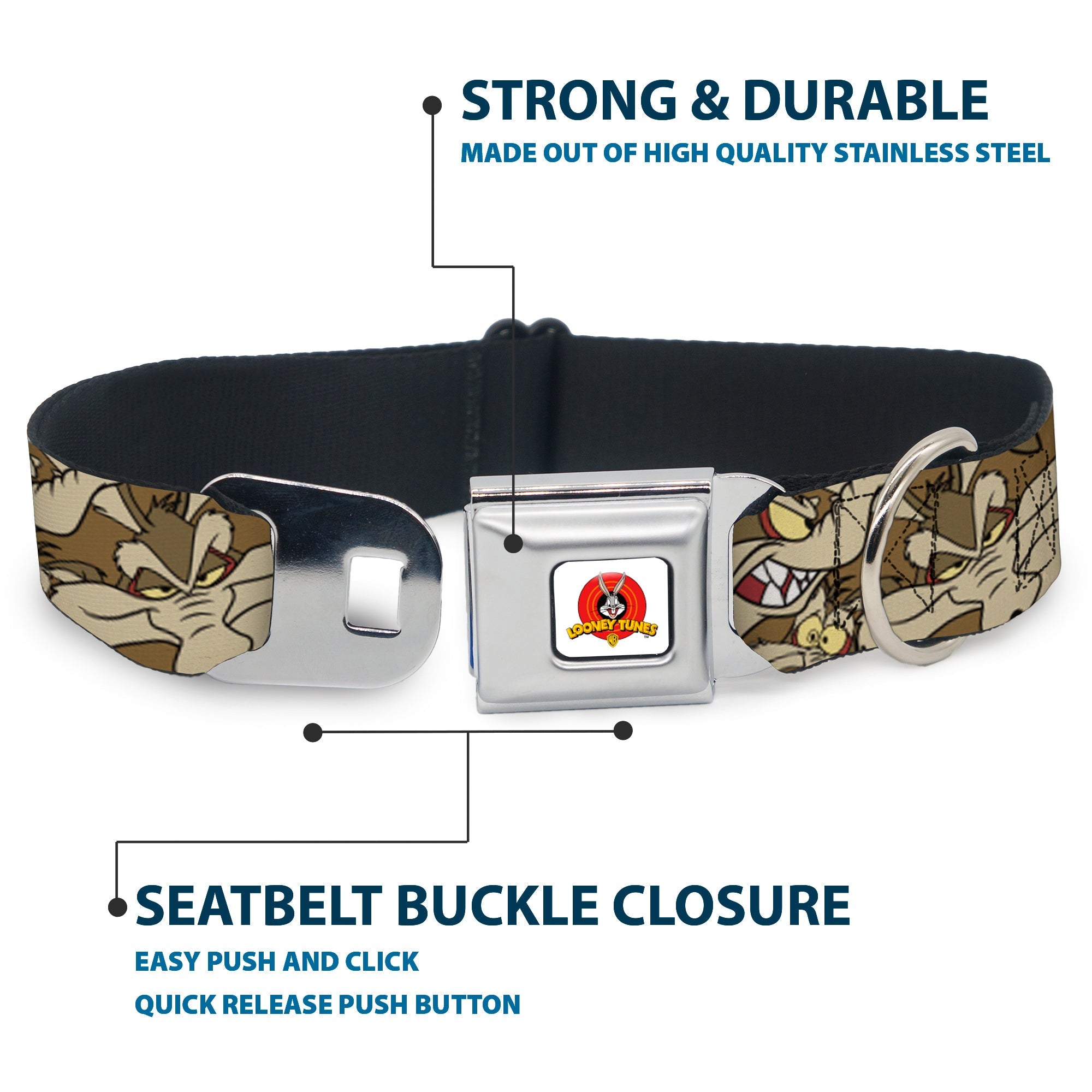 Looney Tunes Logo Full Color White Seatbelt Buckle Collar - Wile E. Coyote Expressions Stacked