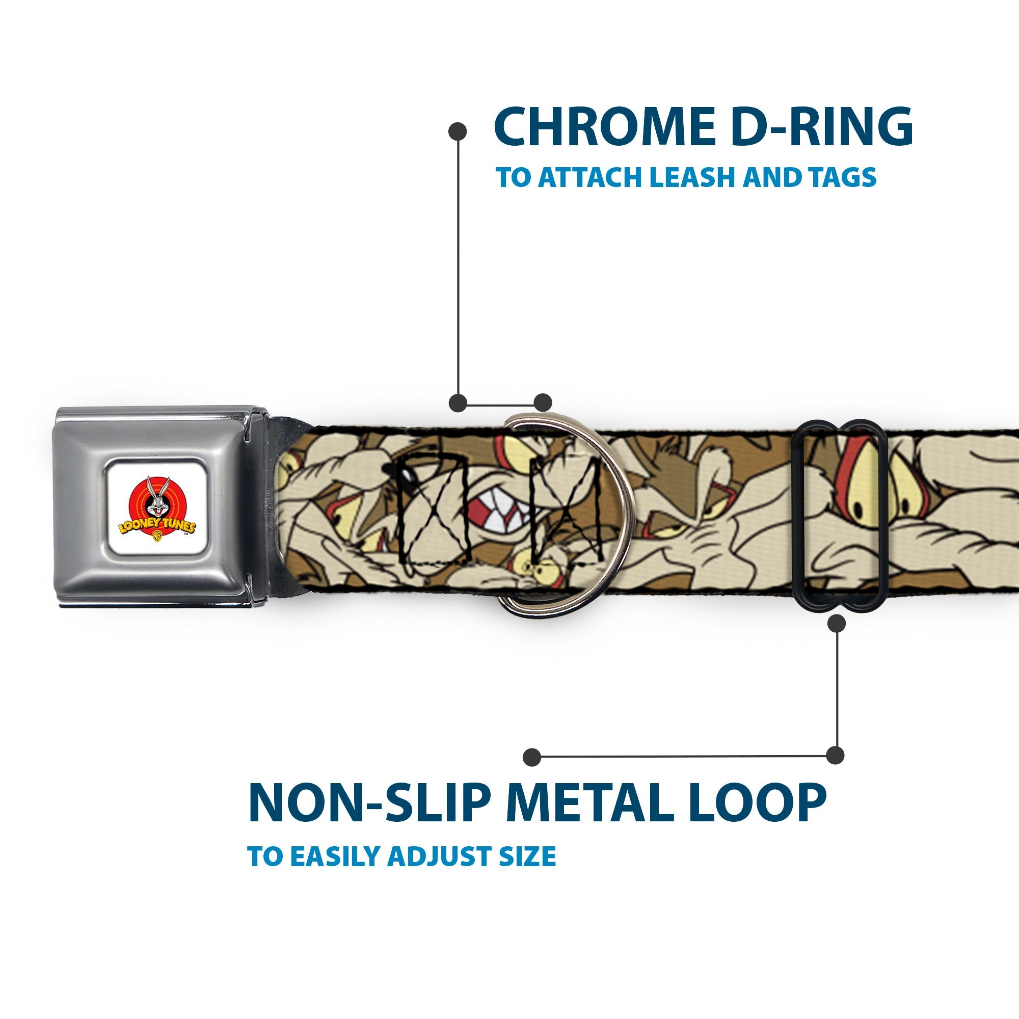 Looney Tunes Logo Full Color White Seatbelt Buckle Collar - Wile E. Coyote Expressions Stacked