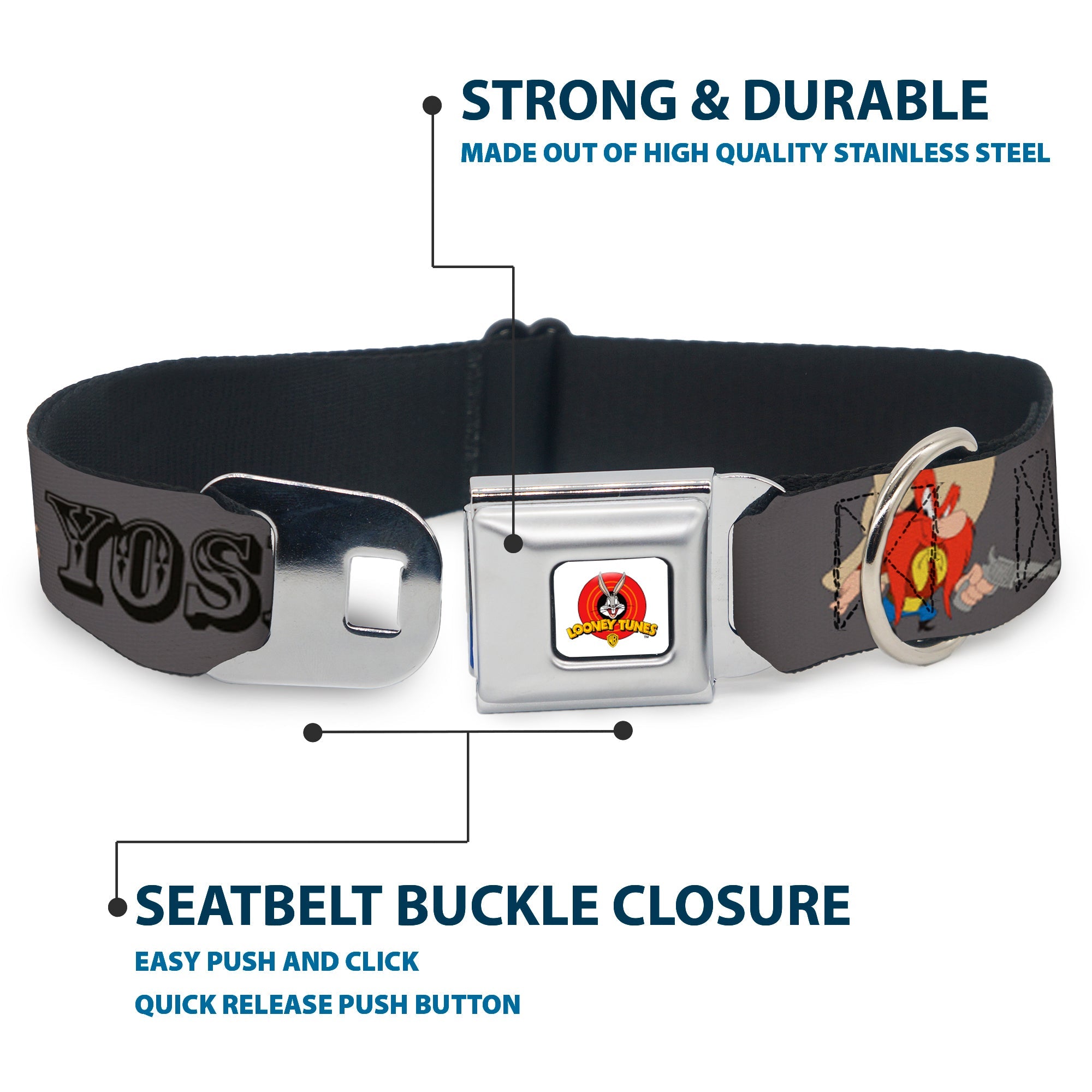 Looney Tunes Logo Full Color White Seatbelt Buckle Collar - YOSEMITE SAM w/Poses Gray