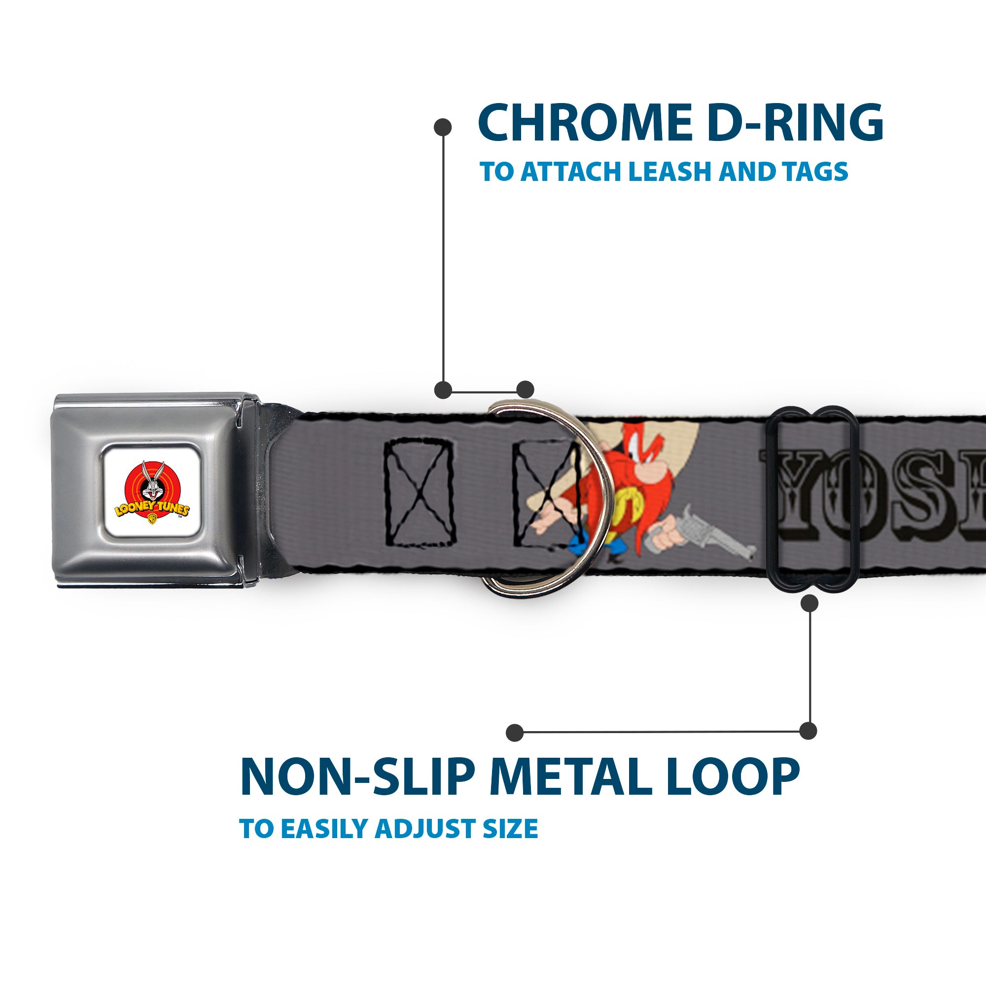 Looney Tunes Logo Full Color White Seatbelt Buckle Collar - YOSEMITE SAM w/Poses Gray