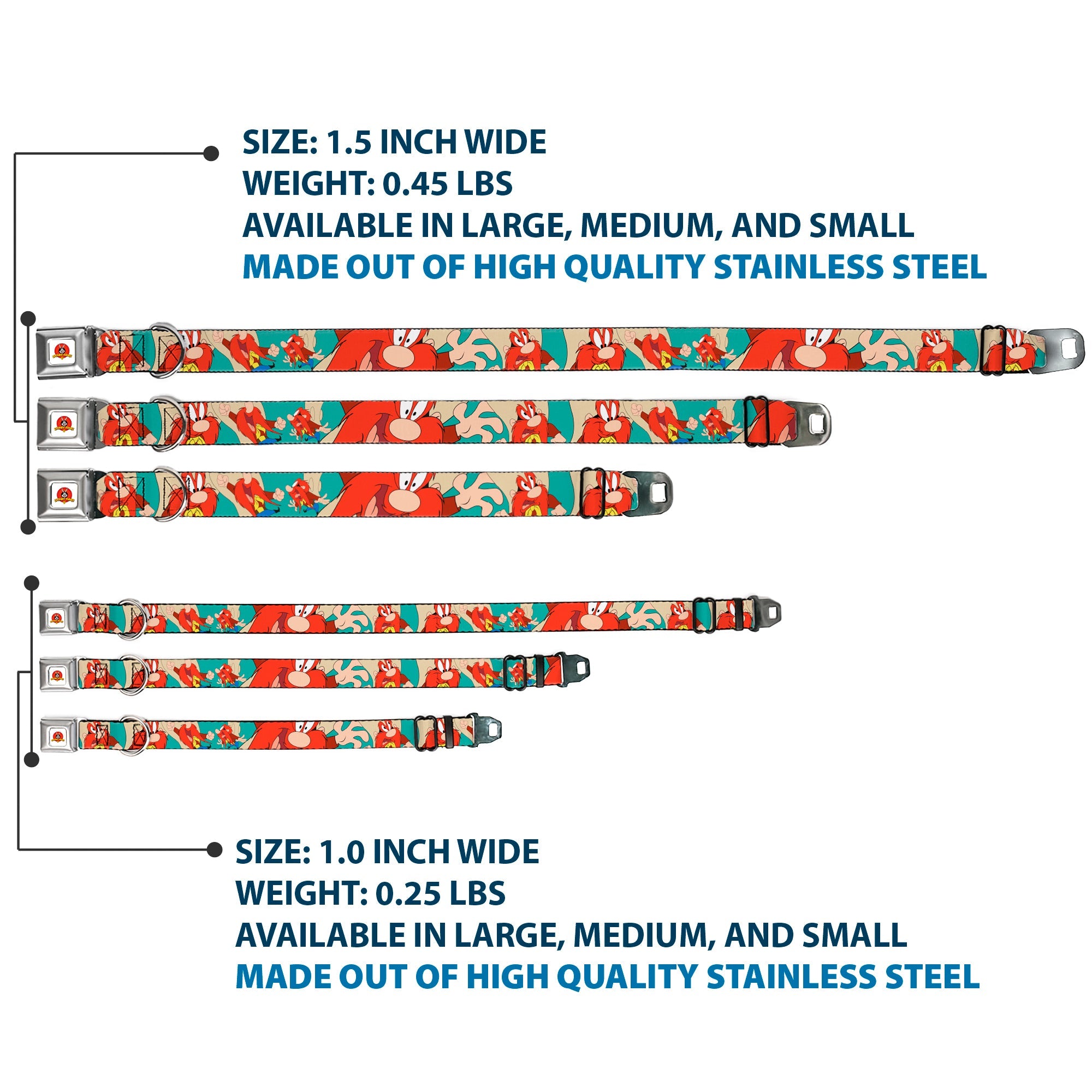 Looney Tunes Logo Full Color White Seatbelt Buckle Collar - Yosemite Sam Poses Turquoise