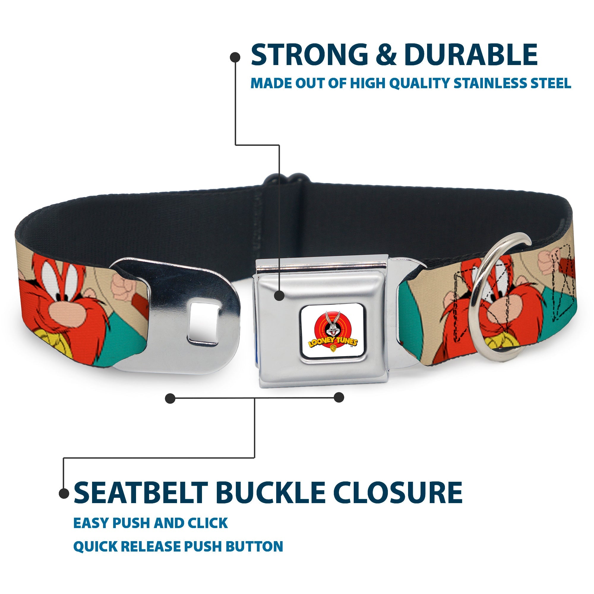 Looney Tunes Logo Full Color White Seatbelt Buckle Collar - Yosemite Sam Poses Turquoise