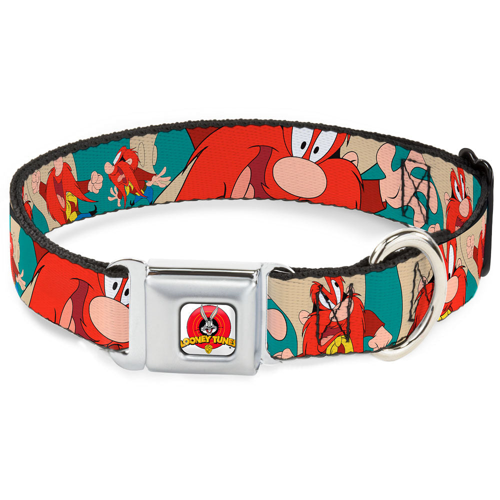 Looney Tunes Logo Full Color White Seatbelt Buckle Collar - Yosemite Sam Poses Turquoise