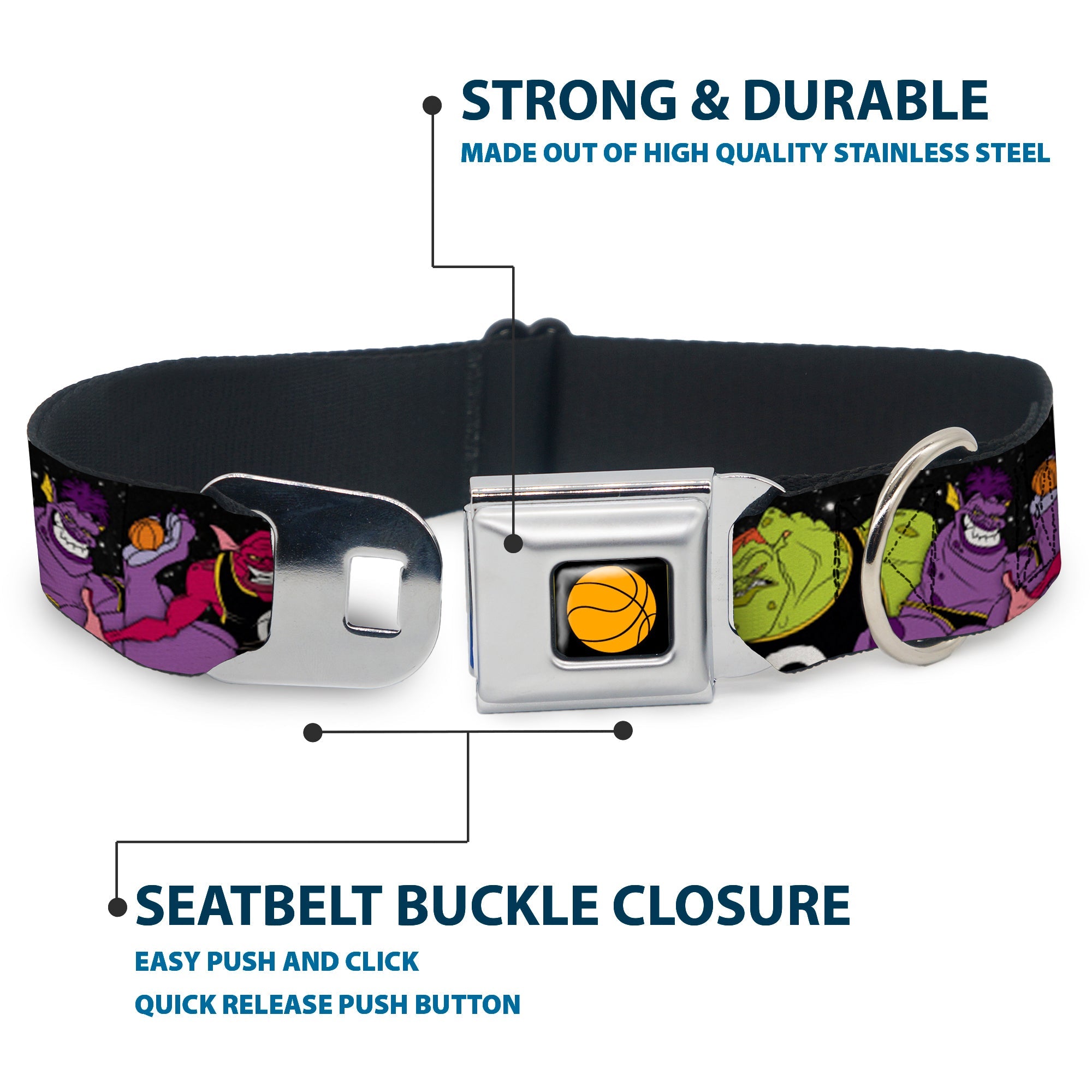 Looney Tunes Basketball Full Color Black Seatbelt Buckle Collar - Space Jam MONSTARS 5-Player Group Pose/Basketballs Galaxy Black/White